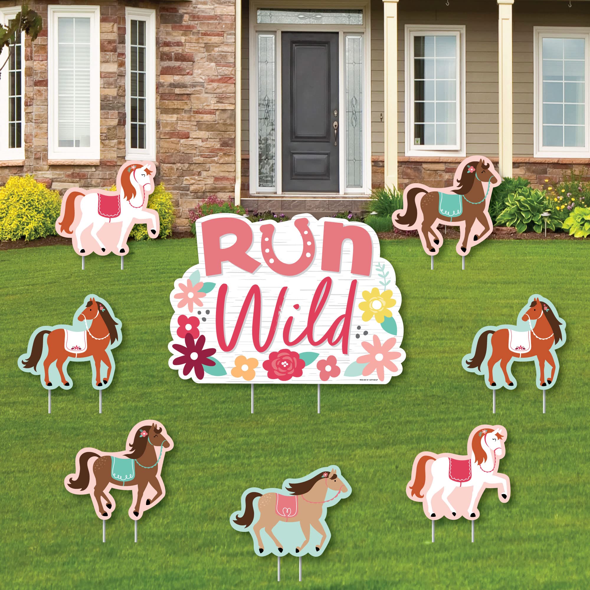 Run Wild Horses Yard Signs - Set of 8 Outdoor Lawn Decorations for Pony Birthday Party & Western Theme Events - Durable Weatherproof Horse Decor for Garden, Farm, Ranch or Backyard