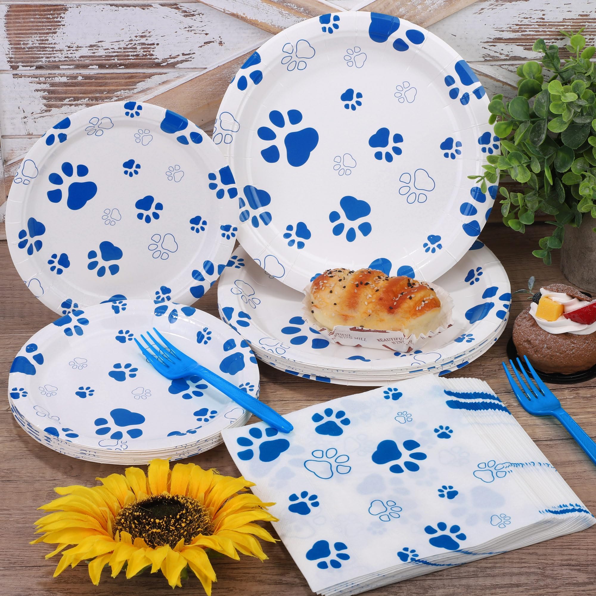 72-Piece Dog Paw Print Birthday Party Supplies Set - 32 Plates, 24 Napkins & 16 Forks | Blue Puppy Theme Party Decorations for Birthdays, Picnics, Baby Showers & Pet Celebrations