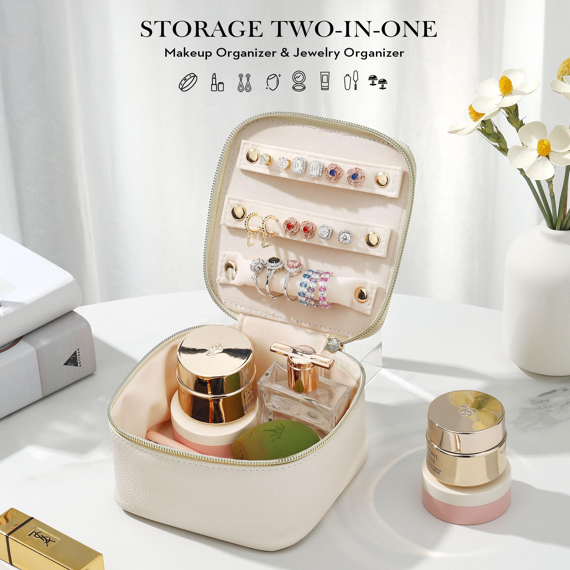 Personalized Travel Jewelry Organizer with Initial Letter A - White Makeup Bag for Women | Perfect Beach Vacation & Birthday Gift | Jewelry Storage Case for Travel, Home & Daily Use