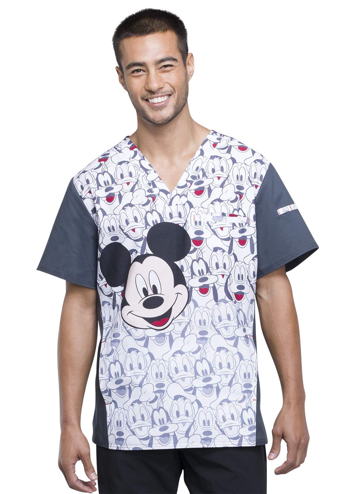 Tooniforms Men's V-Neck Scrub Top TF700 - XS Size, Mickey and Friends Design - Comfortable Medical Uniform for Doctors, Nurses & Healthcare Professionals