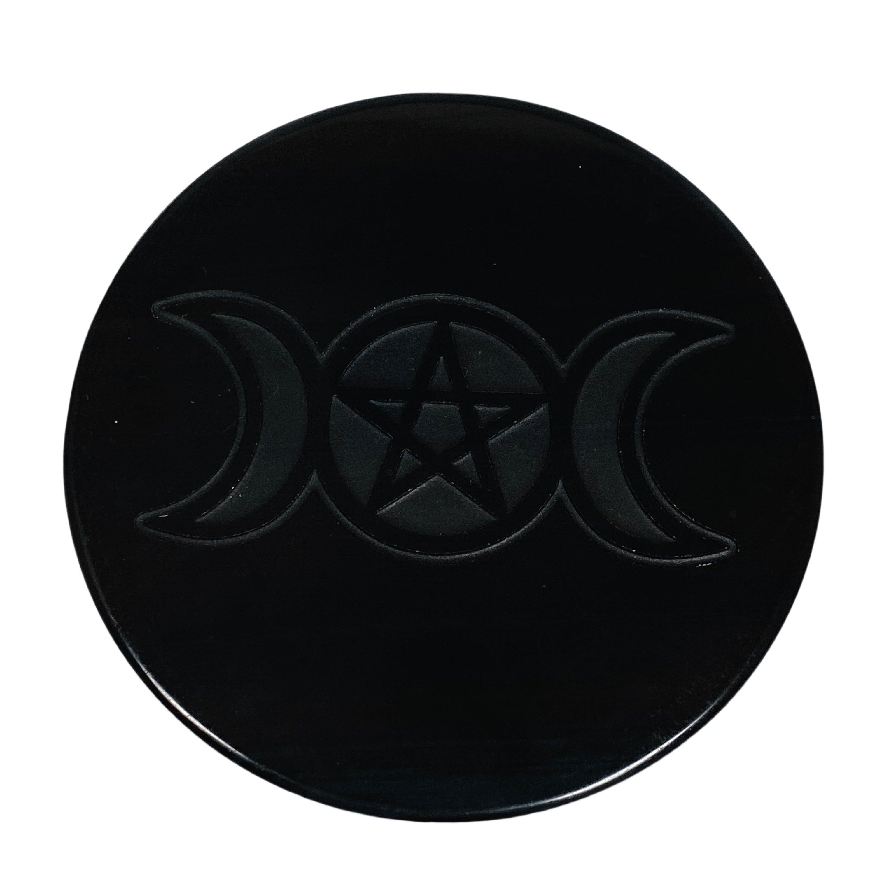 Premium Obsidian Disc with Engraved Pentagram Moon - OPTG001 - Perfect for Meditation, Energy Healing & Spiritual Decor