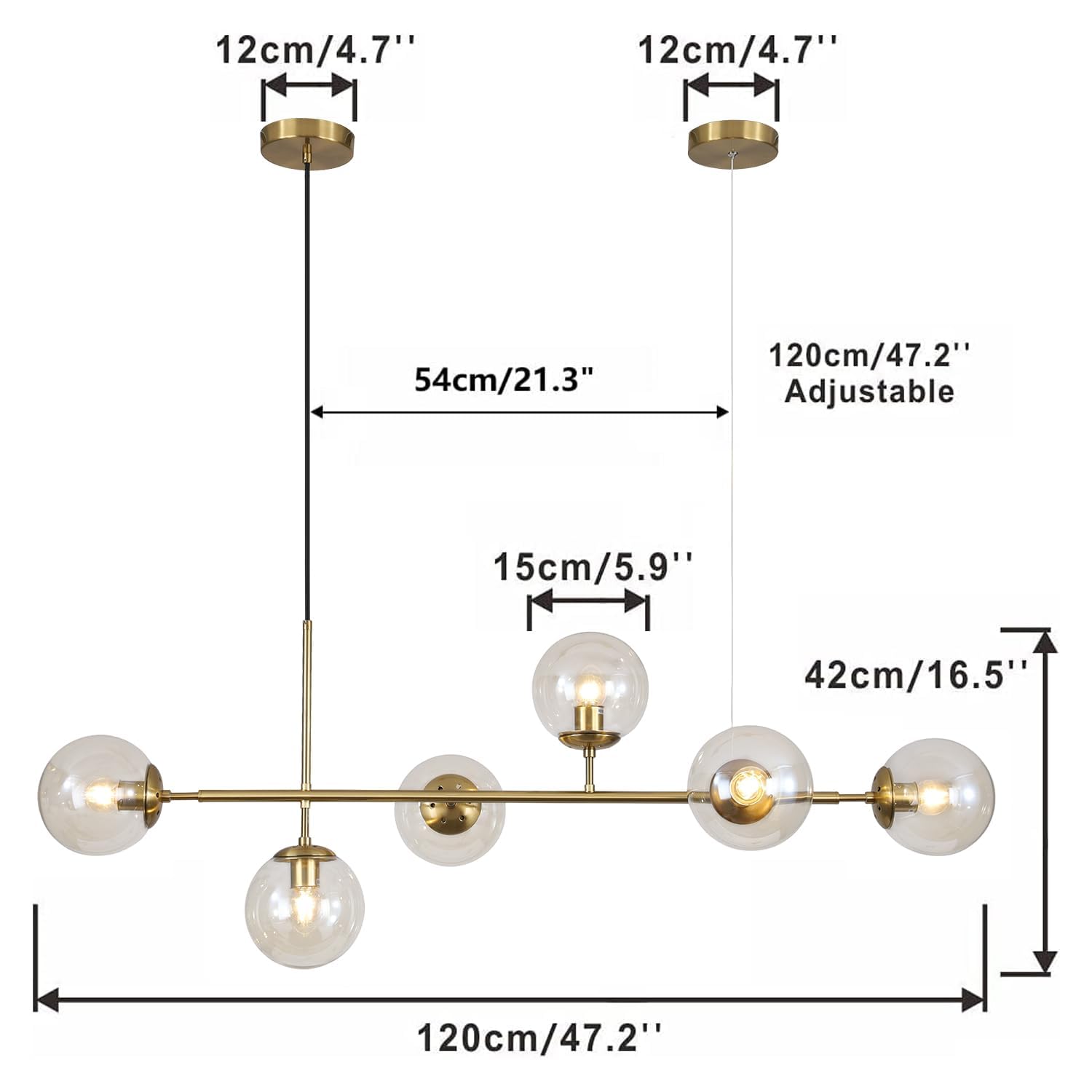 KCO Lighting 6-Light Amber Glass Linear Chandelier - Gold Brass Pendant Light Fixture for Kitchen Island & Dining Room | Modern Sputnik Ceiling Lighting for Home Decor
