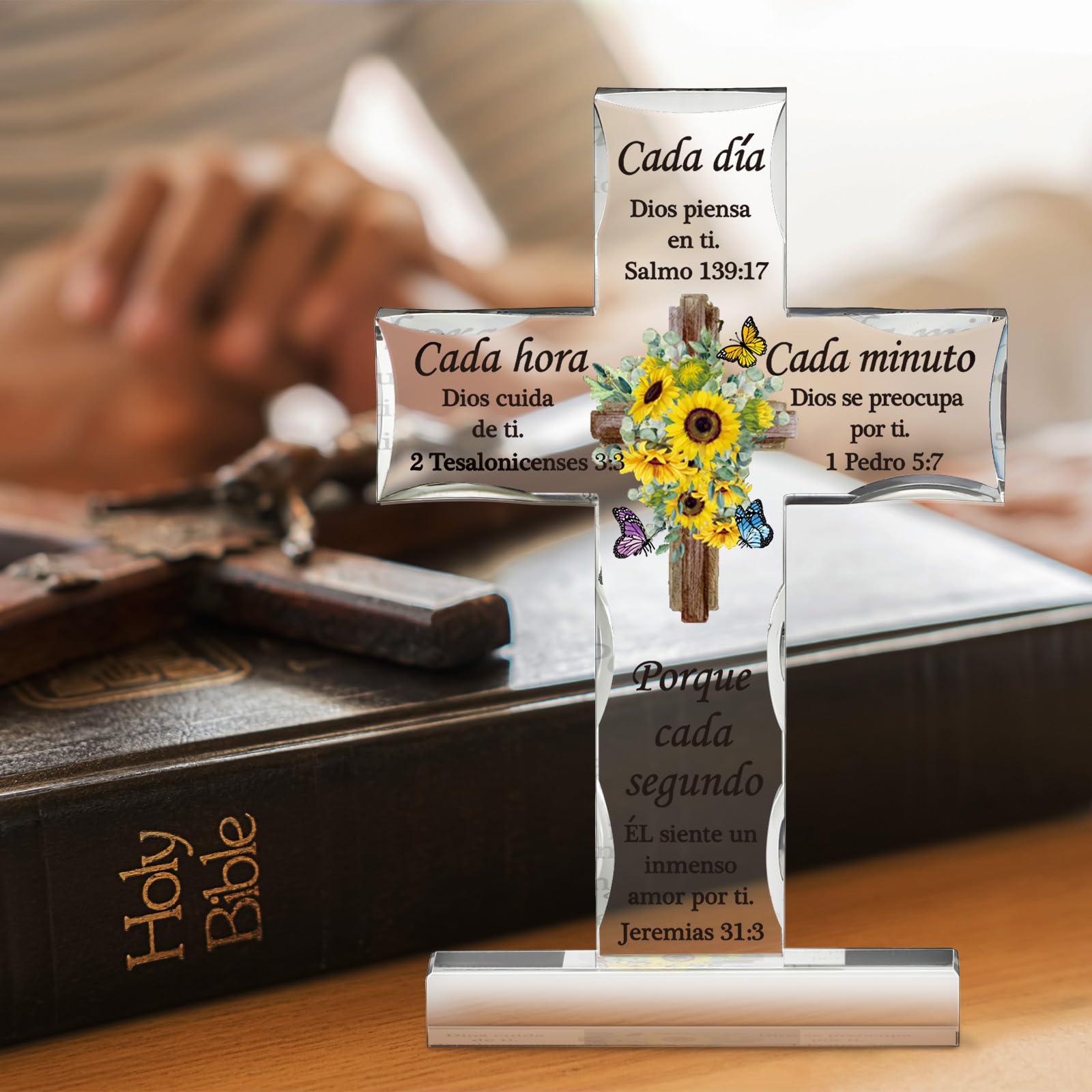 Spanish Christian Acrylic Cross Gift - Inspirational Bible Verse Desk Decor for Home & Office