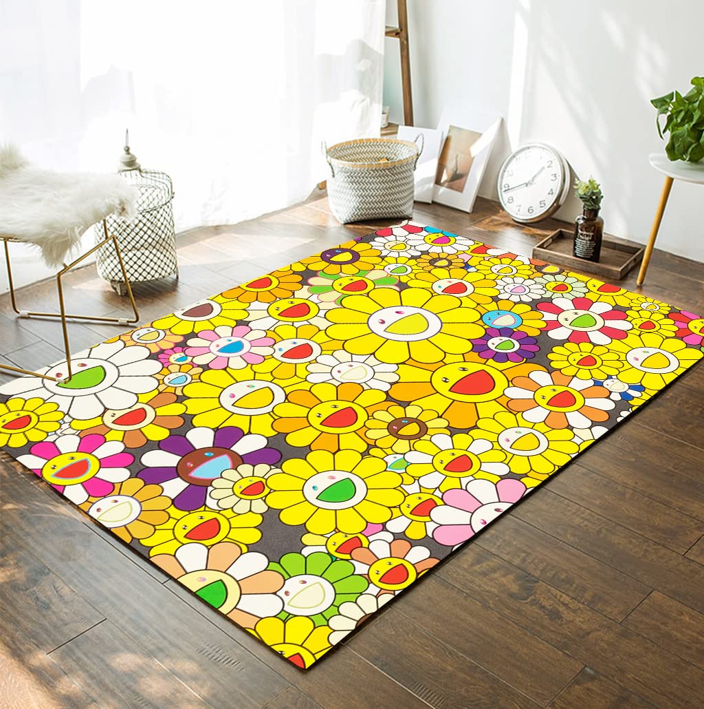 Stylish Sunflower Smiley Face Area Rug - Non-Slip Washable 6x9 Feet Yellow Pink Floral Carpet for Living Room, Nursery, Kitchen, Laundry & Bathroom - Perfect for Home Decor, Kids Room & High Traffic Areas