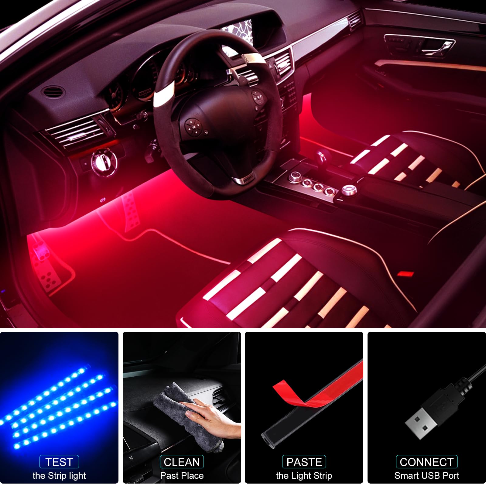 Smart Car LED Interior Lights - App Controlled RGB 48 LED Strip with DIY & Music Sync Modes, USB Powered - Perfect for Car Decor, Mood Lighting & Gift Ideas for Men & Women