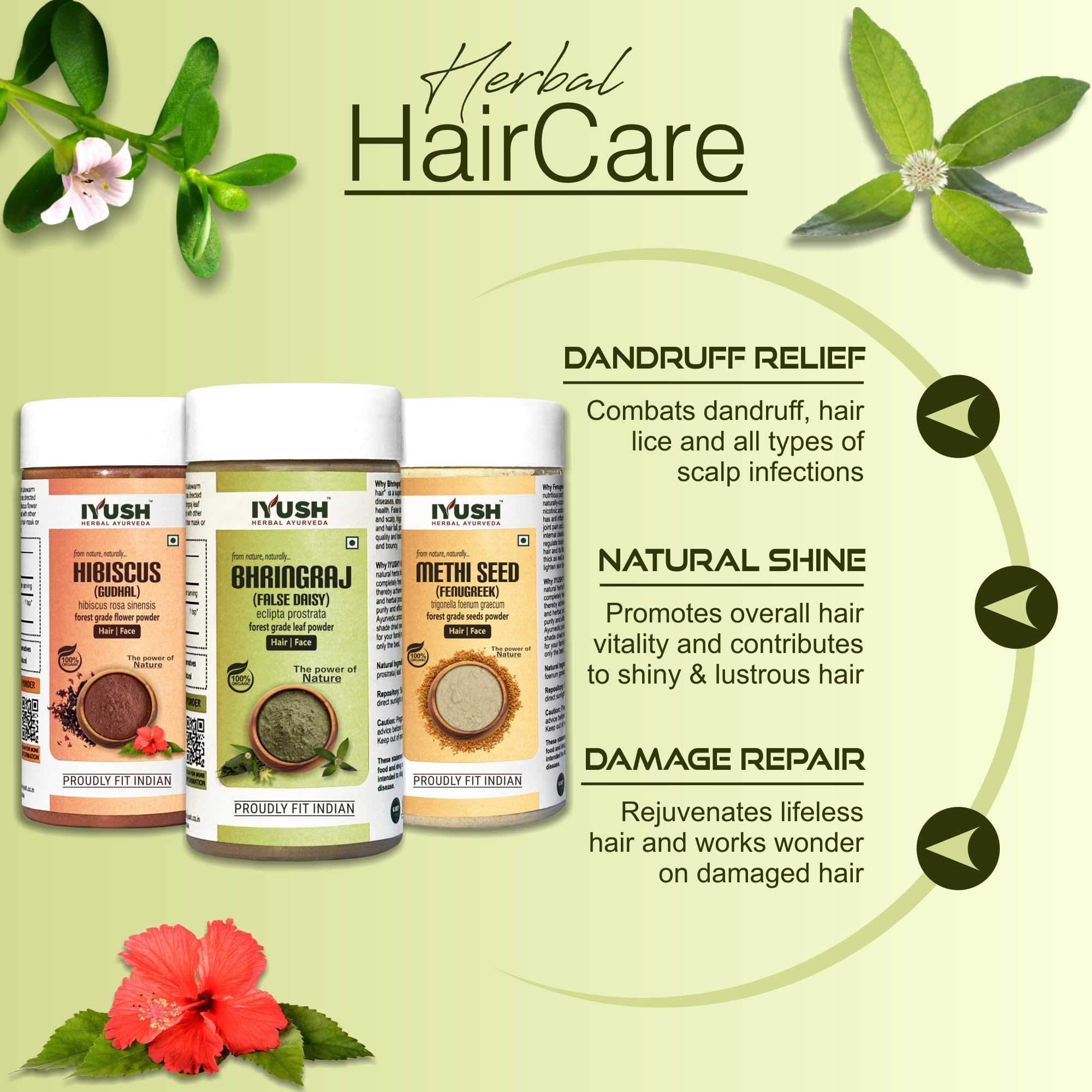 IYUSH Ayurvedic Bhringraj Powder with Fenugreek & Hibiscus for Hair Growth – 300g | Natural Hair Mask for Dry, Frizzy Hair & Scalp Care | Herbal Volume Booster | Skin & Hair Treatment | Perfect for DIY Spa & Home Hair Care Routines