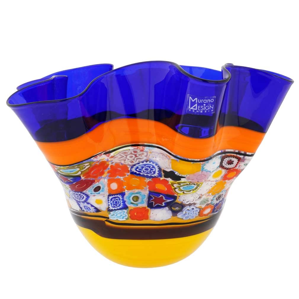 Authentic Murano Glass Primavera Millefiori Handkerchief Bowl in Cobalt Blue - Venetian Artisan Crafted Home Decor for Dining Table Centerpiece & Luxury Gift