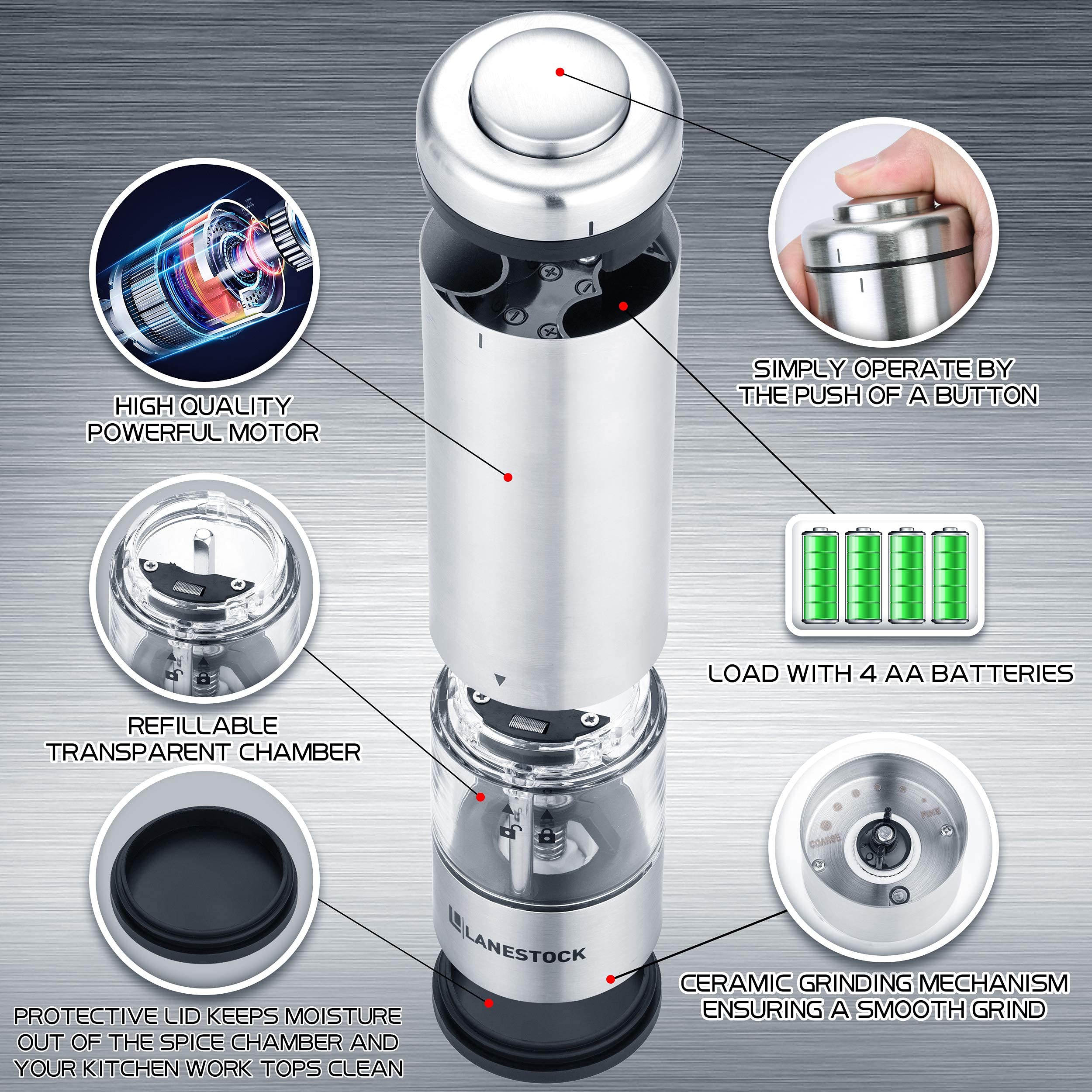 Premium Electric Salt and Pepper Grinder Set by Lanestock - Battery Operated Stainless Steel Spice Mills with Stand - Adjustable Coarseness & Built-in LED Light - Powerful Motor for Long-Lasting Performance - Perfect for Kitchen, Dining Table, and Restaurant Use