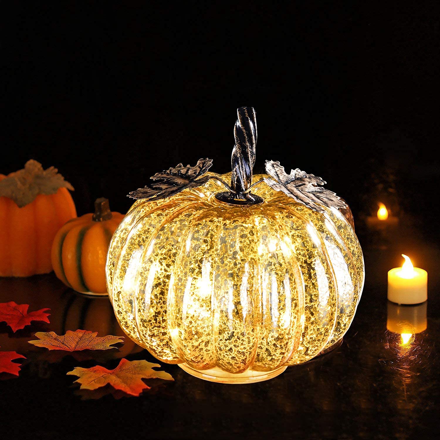 5.5 Inch Mercury Glass Pumpkin Lights with Timer - Elegant Fall Table Centerpiece Decor for Thanksgiving, Halloween, and Autumn Home Decoration