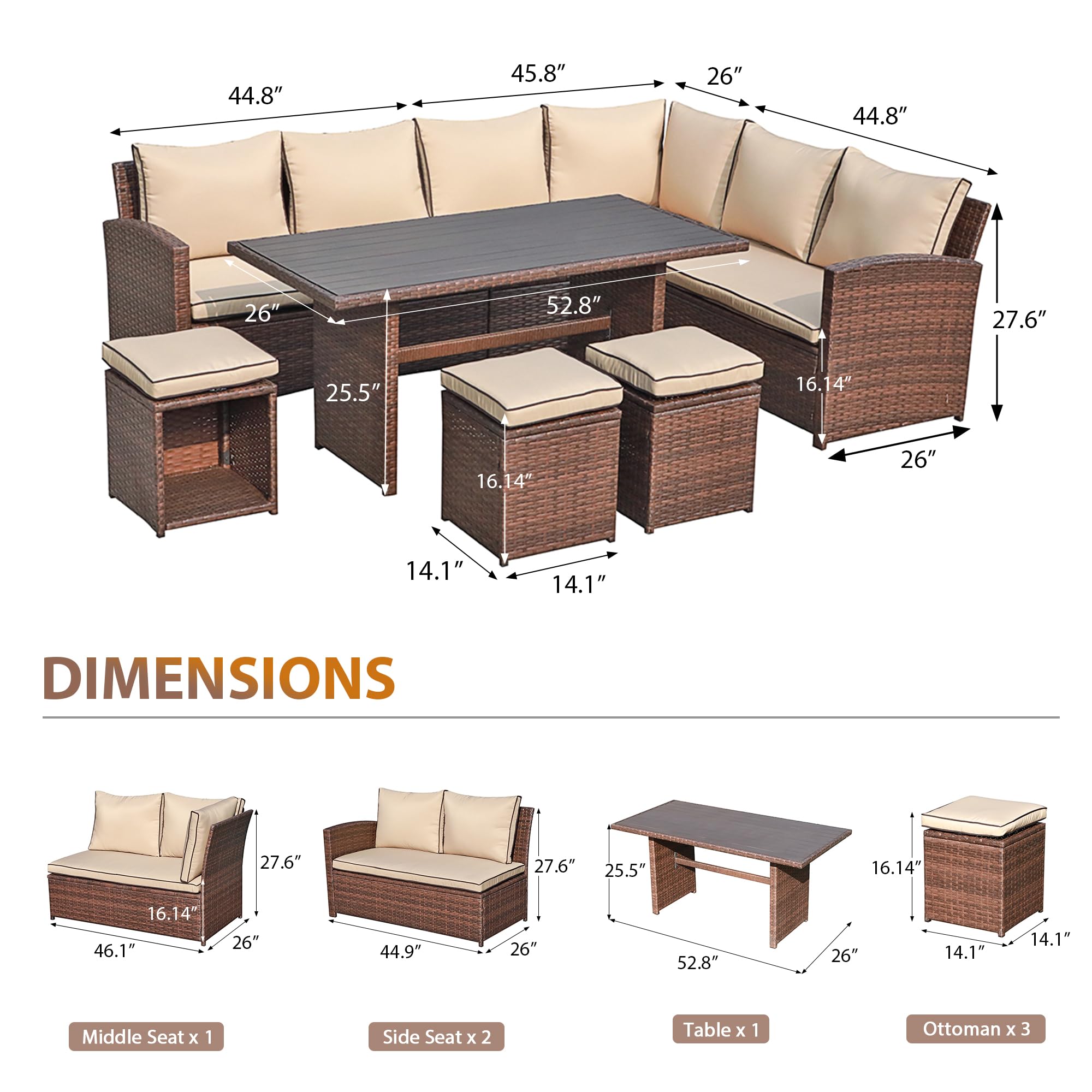 COBANA 7-Piece All-Weather Wicker Patio Furniture Set - Outdoor Sectional Sofa with Dining Table & Chairs, Beige - Perfect for Backyard, Garden & Poolside Relaxation