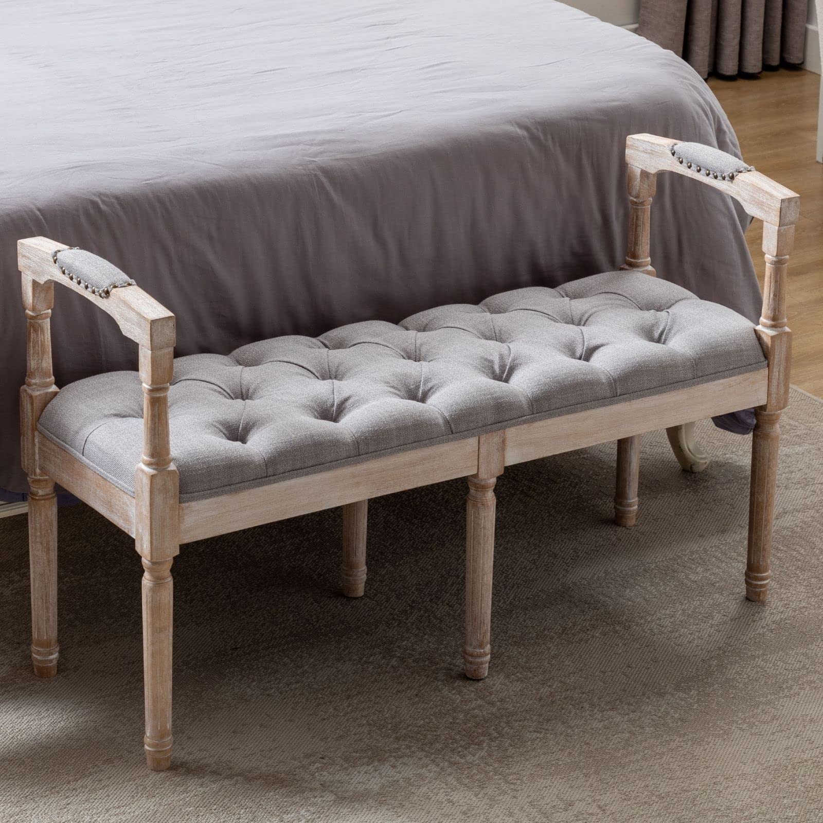 Mid Century Modern Linen Upholstered Bench with Wooden Legs - Button Tufted Entryway Bench, Rustic Footrest Ottoman for Bedroom, Living Room & Dining Room - Perfect for Hallway Seating, Bed End Decor and Cozy Home Accents (Grey)