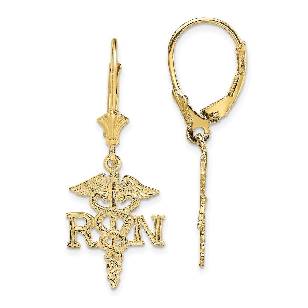 10K Yellow Gold RN Caduceus Leverback Earrings for Women - Hypoallergenic Medical Jewelry - Perfect for Nurses, Doctors & Healthcare Professionals Gifts