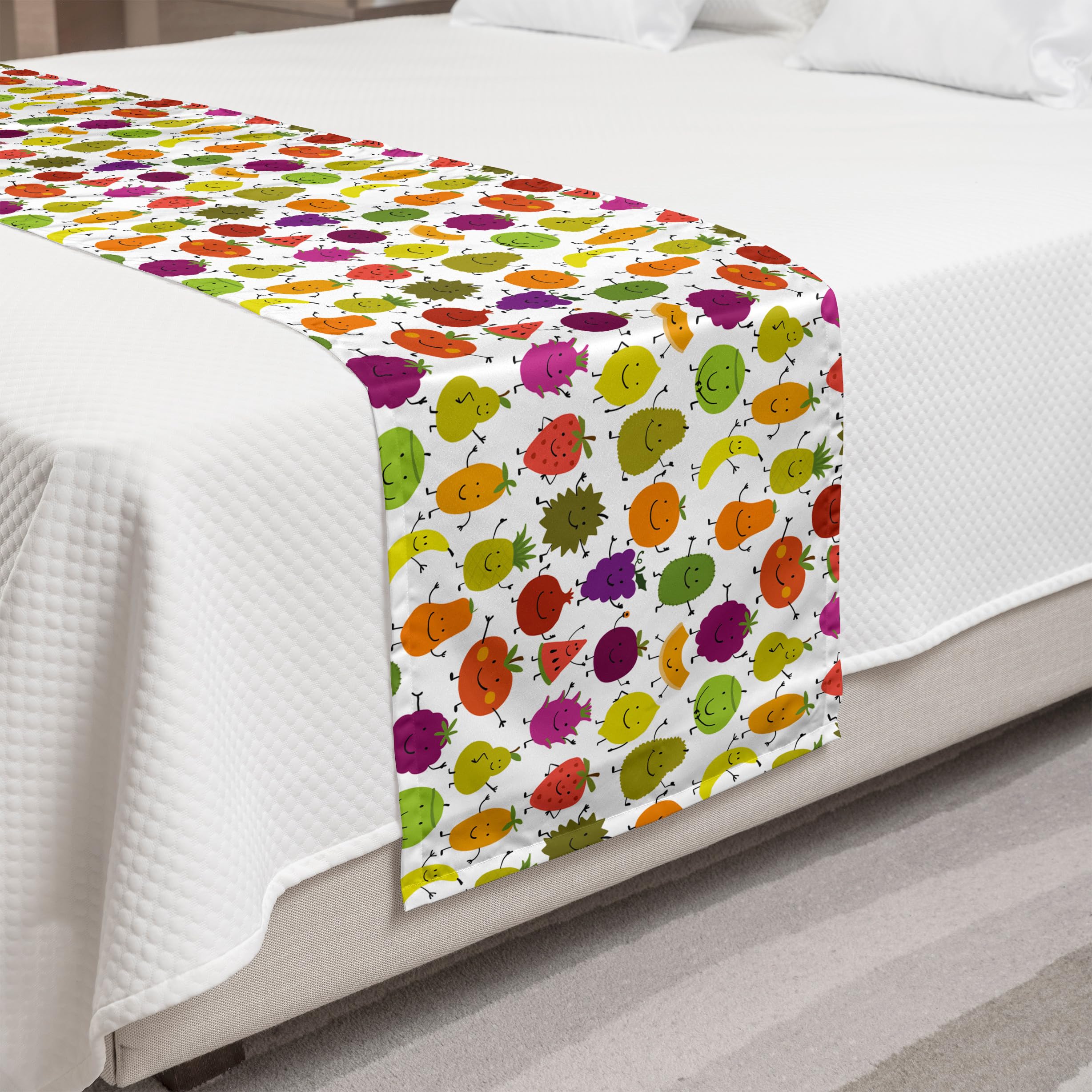 Ambesonne Funny Bed Runner - Colorful Humanized Smiling Fruit Pattern Decorative Bed Scarf for King Size Beds | Perfect for Hotels, Homes & Guestrooms | White & Multicolor Accent Piece for Bedroom Decor