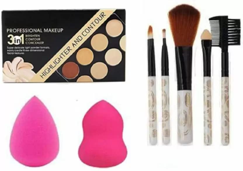 MASTADI 3-in-1 Face Contour Kit with 5 Makeup Brushes & 2 Beauty Blenders - Multicolor Compact for Highlighting, Contouring & Blending | Perfect for Professional Makeup & Everyday Beauty Routine