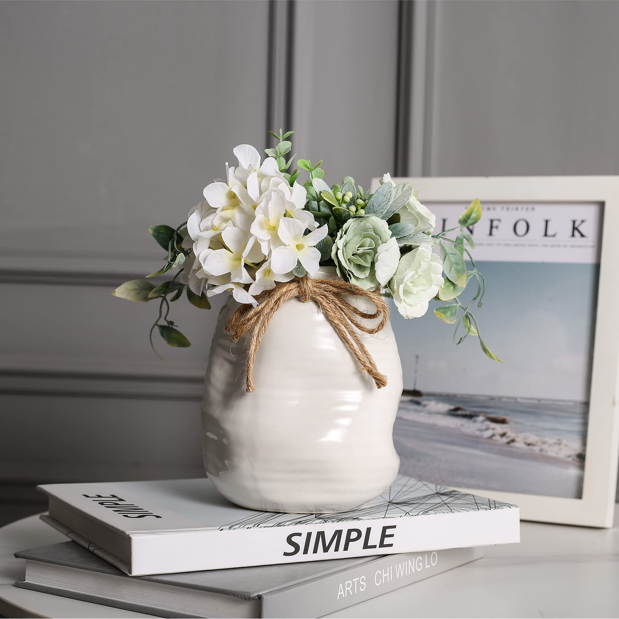 White Ceramic Flower Vase - Modern Farmhouse Centerpiece Decor for Entryway, Dining Table & Home Styling (6.3 Inch) - Perfect for Weddings, Living Room & Farmhouse Decor