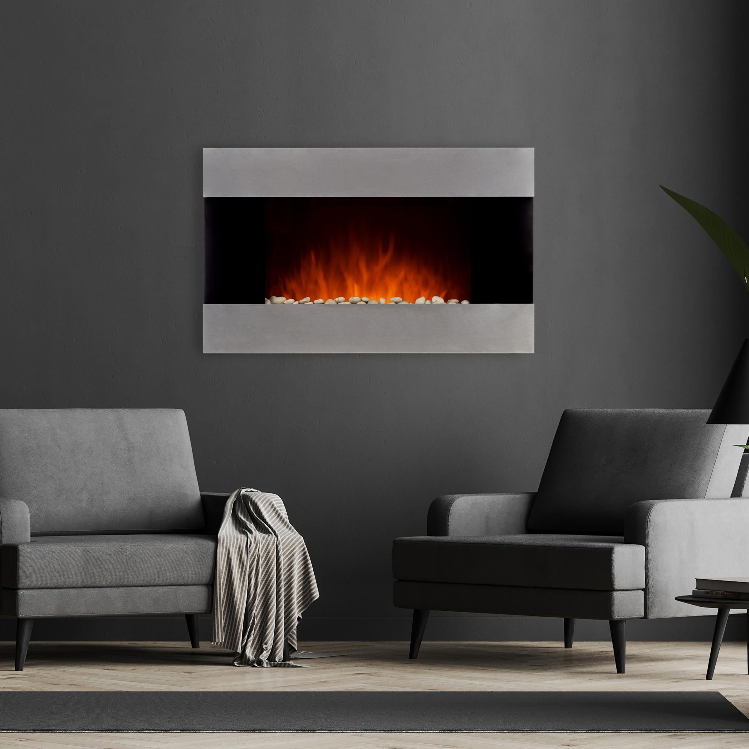 36-Inch Wall Mounted Electric Fireplace - Modern Stainless Steel Fireplace Heater with Remote Control, Adjustable Flame & Temperature, Floor Stand - Perfect for Living Room, Bedroom & Office Decor