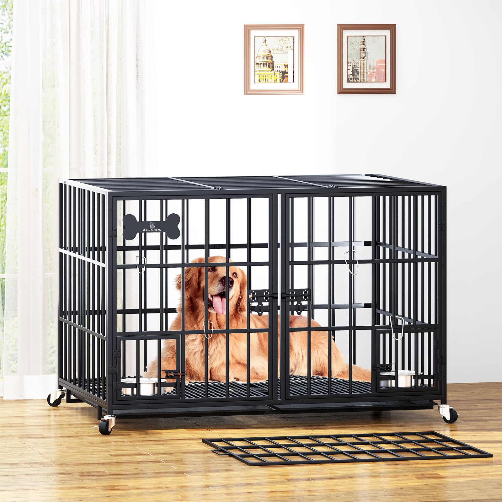 aboxoo 48/42 Inch XL Heavy Duty Metal Dog Crate - Indoor Kennel for Large Dogs or Double Medium Dogs | Open Top Design with Wheels, Floor Grid, Removable Tray, Divider & Feeding Bowl | Perfect for Home, Travel & Vet Visits