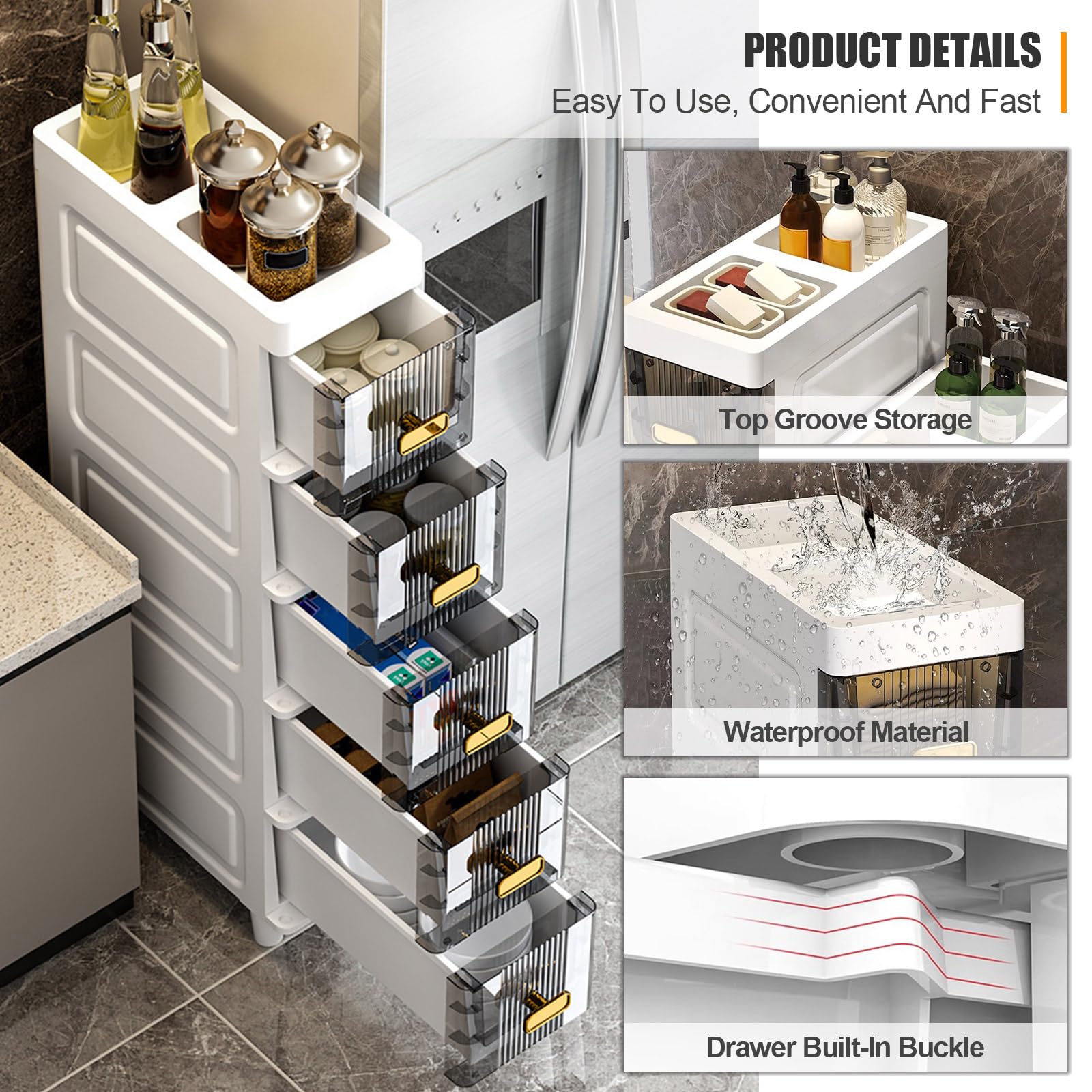 7-Inch Wide Skinny Storage Cabinet with 5-Tier Narrow Drawers - Space-Saving Bathroom & Kitchen Organizer for Toilet Paper, Cosmetics & Small Items - Perfect for Bathroom Corner, Apartment & Tiny Homes