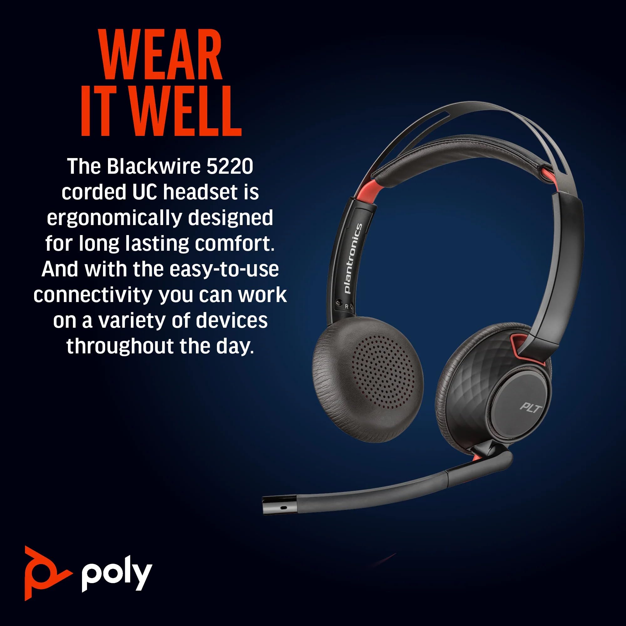 Plantronics Poly Blackwire 5220 USB-C Stereo Headset with 3.5mm Plug & USB-C/A Adapter - Noise Cancelling Office Headphones for Remote Work, Call Centers & Video Conferencing