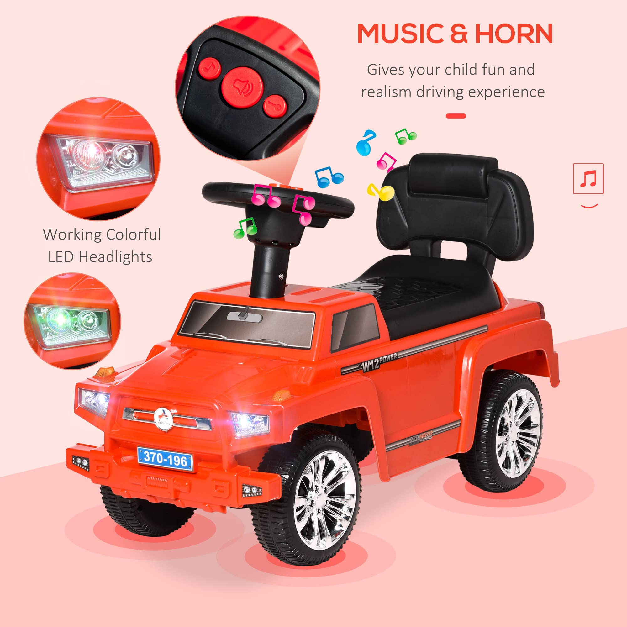 Aosom Kids Ride On Push Car - SUV Style Sliding Walking Toy for Toddlers with Horn, Music, LED Lights, Hidden Storage & Anti-Tip Safety System - Red | Fun Outdoor & Indoor Play Vehicle for Boys & Girls Ages 1-3 Years