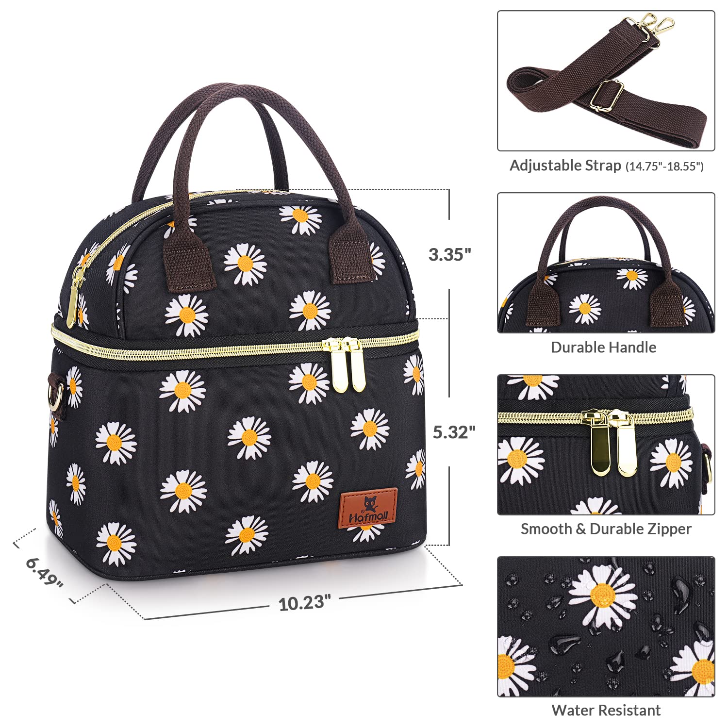 Hafmall Insulated Lunch Bag for Women - Leakproof Dual Compartment Lunch Tote with Adjustable Shoulder Strap - Reusable Thermal Lunch Box for Office, School, Picnic - Black & Daisy Floral Design