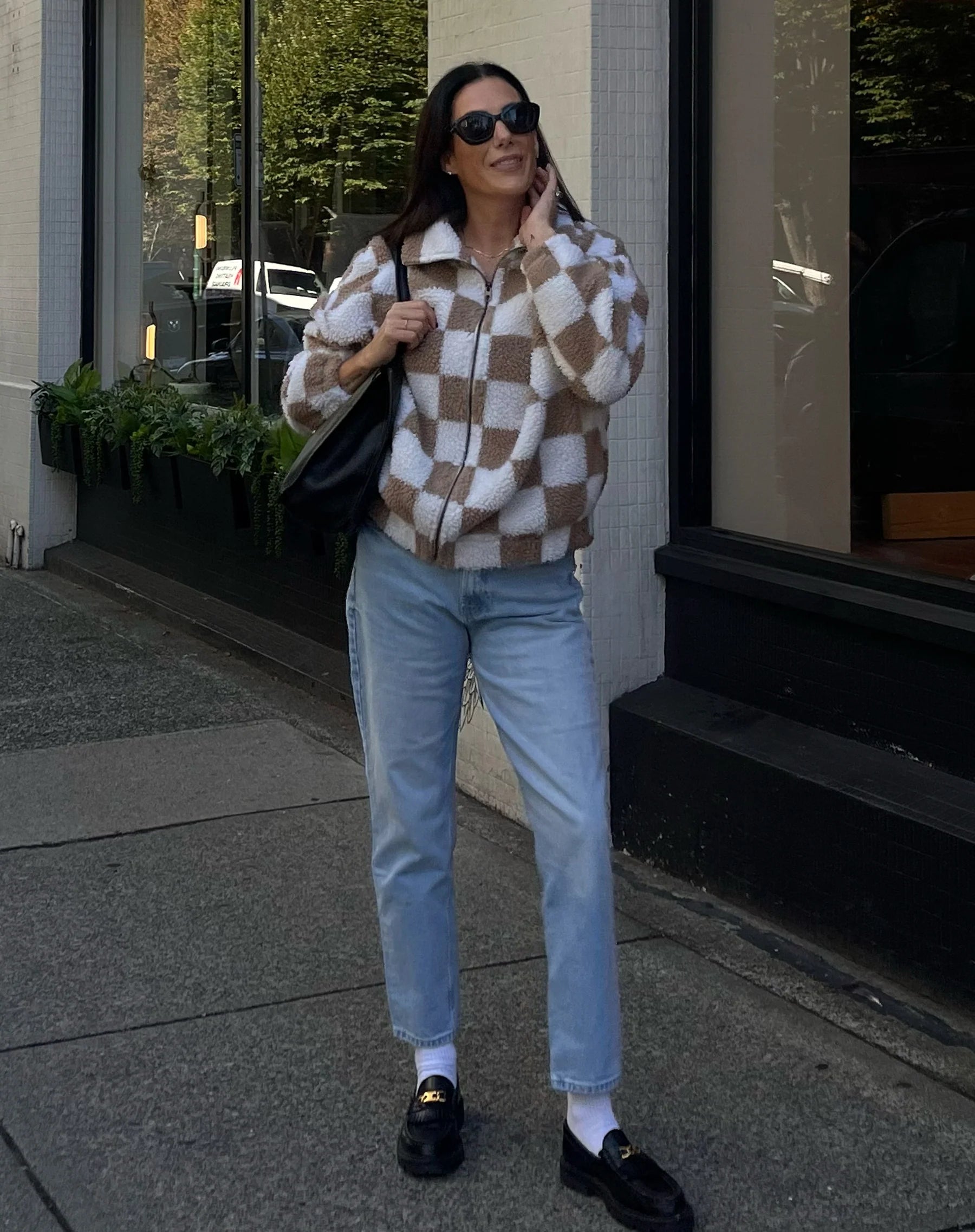 Brunette The Label Checkerboard Sherpa Jacket - Women's Plaid Fleece Coat for Winter, Cozy Outerwear for Casual Outings & Street Style Fashion