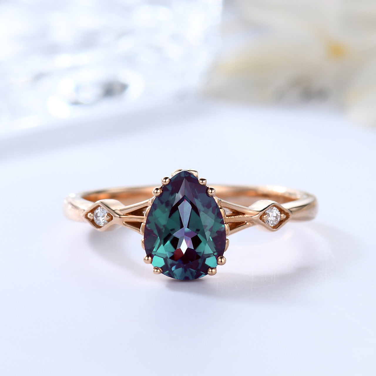 14K Rose Gold Three Stone Pear Shaped Alexandrite Engagement Ring - Minimalist Square Accent Wedding Band for Women | Perfect for Proposals, Anniversaries & Special Occasions