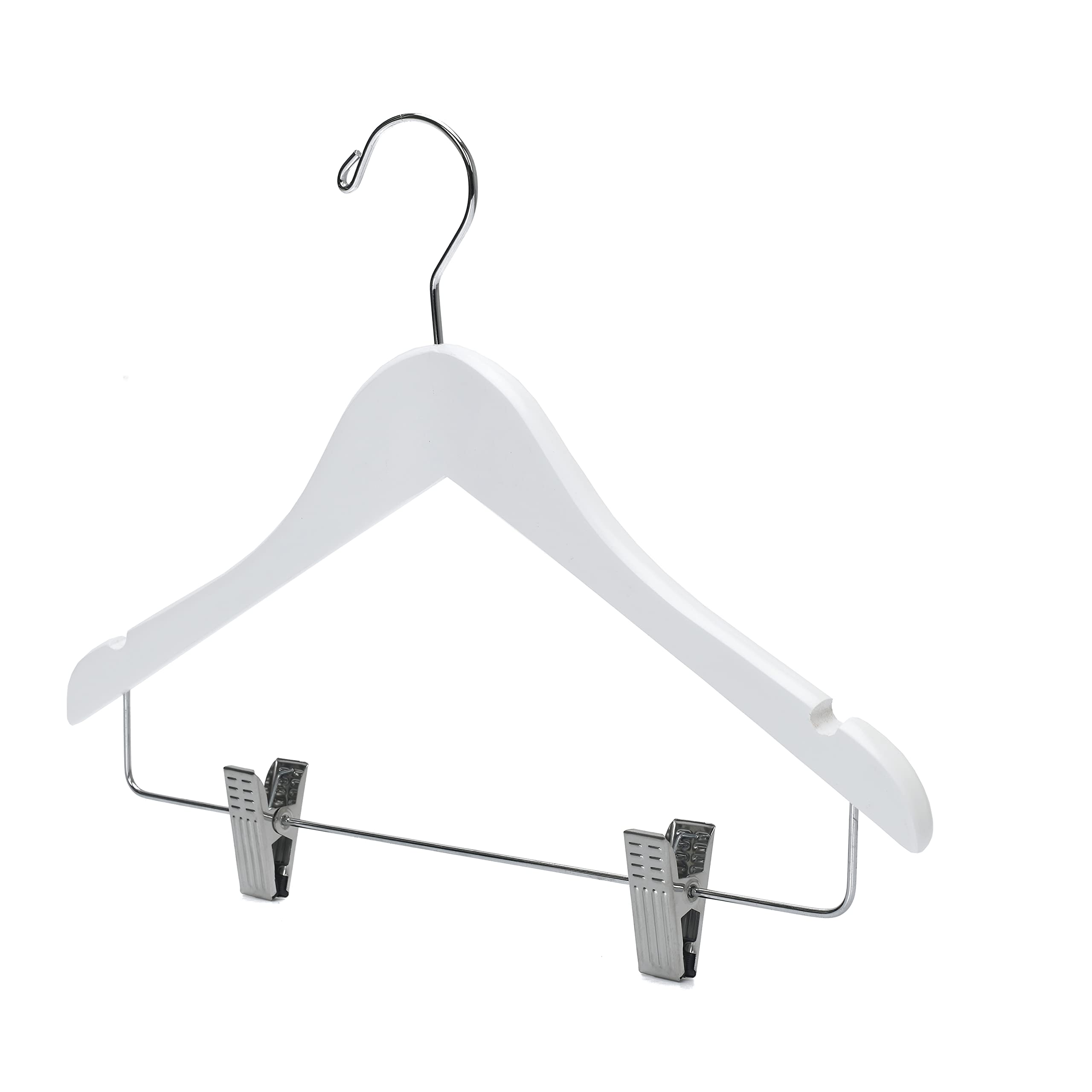 20 Pack Kids Skirt Hangers 14 Inches - Premium Wooden Clothes Hanger with Curved Shoulder, Swivel Chrome Hook & Adjustable Metallic Clips for Junior/Preteen/Youth | Non-Slip Notches, White | Perfect for Closet Organization, School Uniforms & Delicate Garments