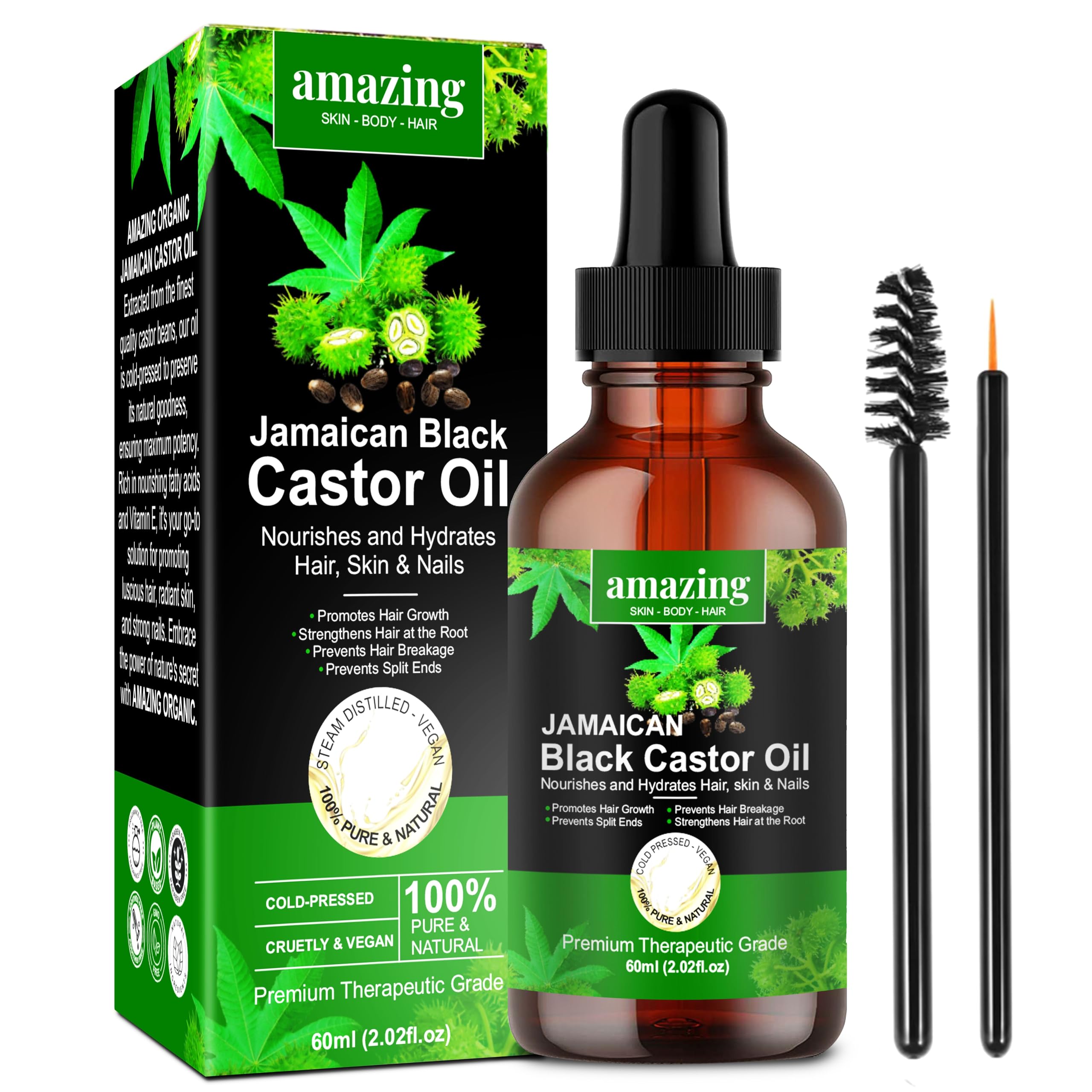 AmazingOrganics 100% Pure Black Jamaican Castor Oil - Unrefined Cold-Pressed for Hair Growth, Skin & Body Care | Natural Moisturizer for Dry Scalp, Eyelashes, Beard & Stretch Marks | Perfect for DIY Beauty Recipes & Massage Therapy
