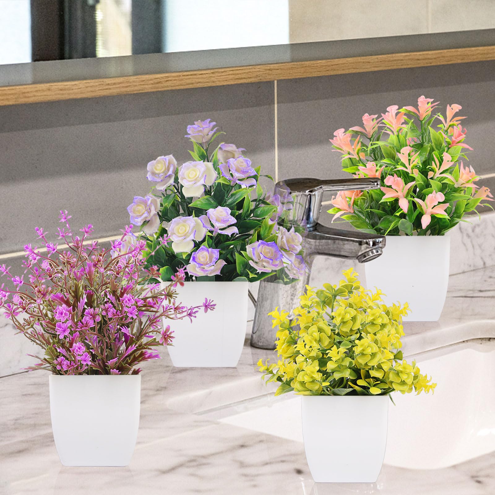 6 Pack Mini Fake Plants - Artificial Lavender & Eucalyptus Potted Flowers for Home, Office, Table, Bathroom Decor | Farmhouse Indoor Greenery for Desk, Shelf, Wedding Centerpiece Decorations