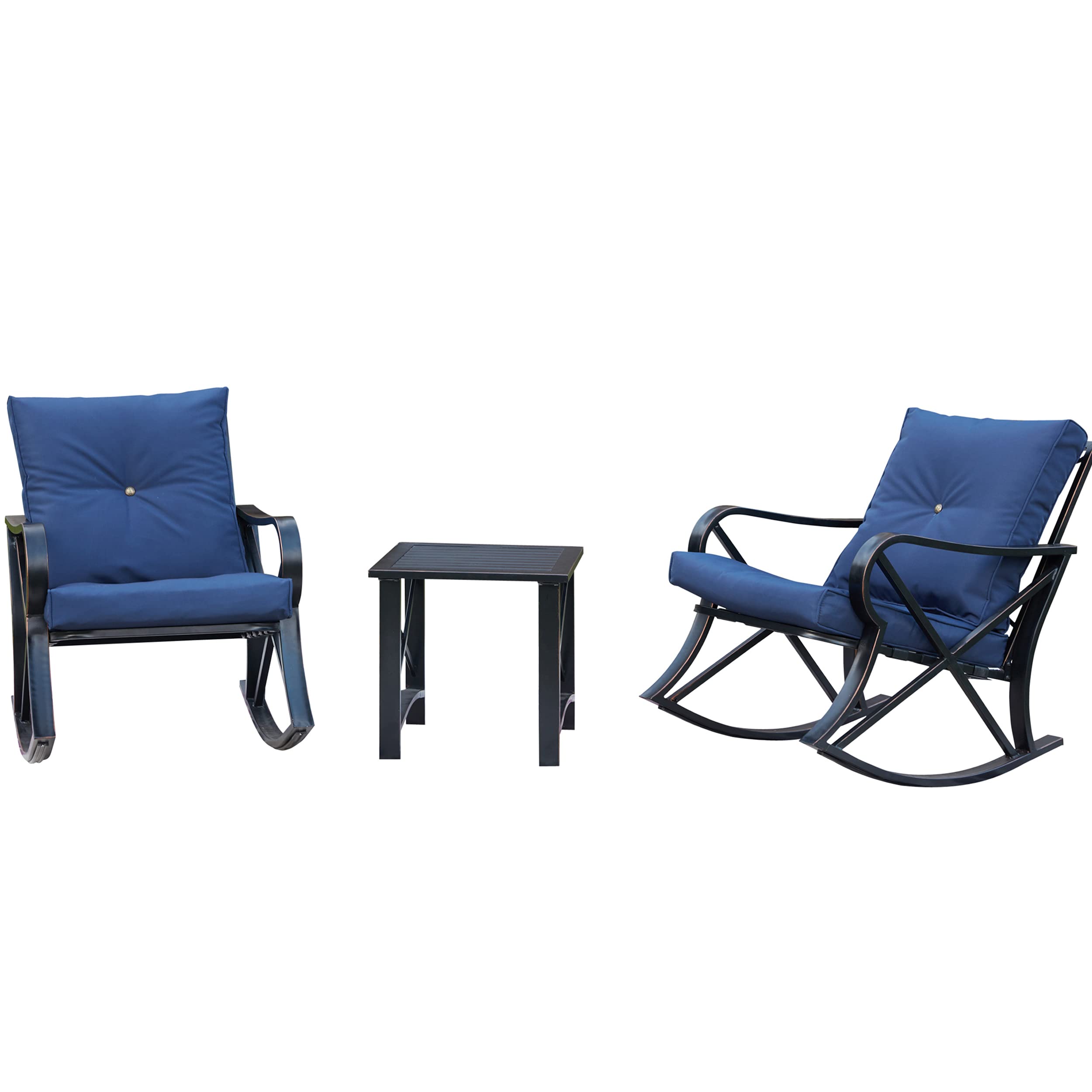 LOKATSE HOME 3-Piece Patio Furniture Set - Outdoor Rocking Chairs with Thick Cushions & Square Coffee Table - Durable Metal Steel Frame - Blue - Perfect for Garden, Backyard, and Poolside Relaxation