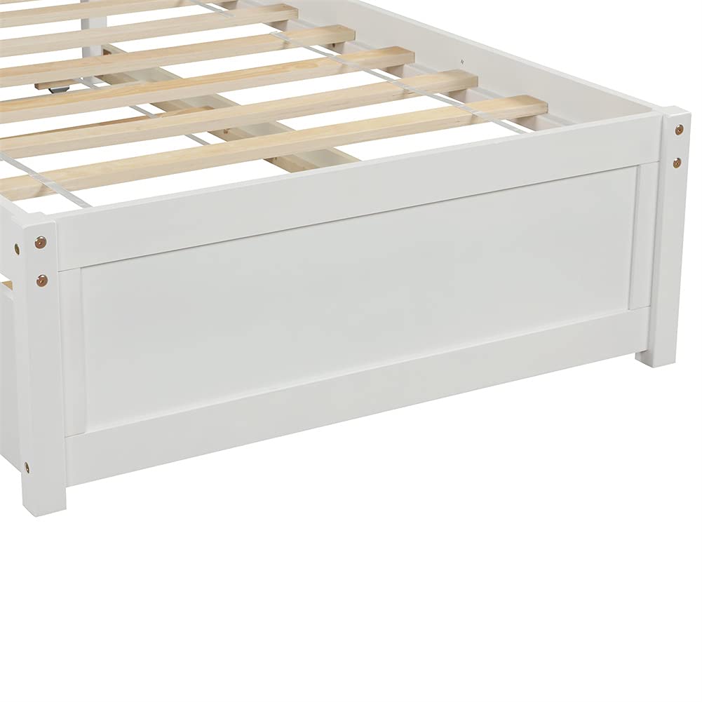 Twin Size Wood Platform Bed Frame with Trundle - Solid Wood Slat Support, No Box Spring Needed - Space Saving Design for Small Bedrooms, Kids Room & Guest Room (White)