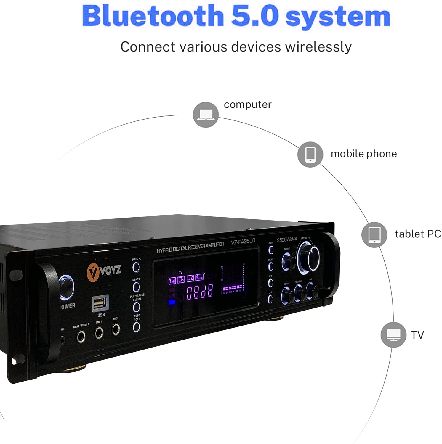 VOYZ Wireless Bluetooth Digital Home Stereo Amplifier - 3500W Hybrid Multi-Channel Power Amplifier w/ AM/FM Radio, MP3/USB, AUX, RCA, Karaoke Mic & Remote - Perfect for Home Theater, Karaoke Parties & Music Streaming