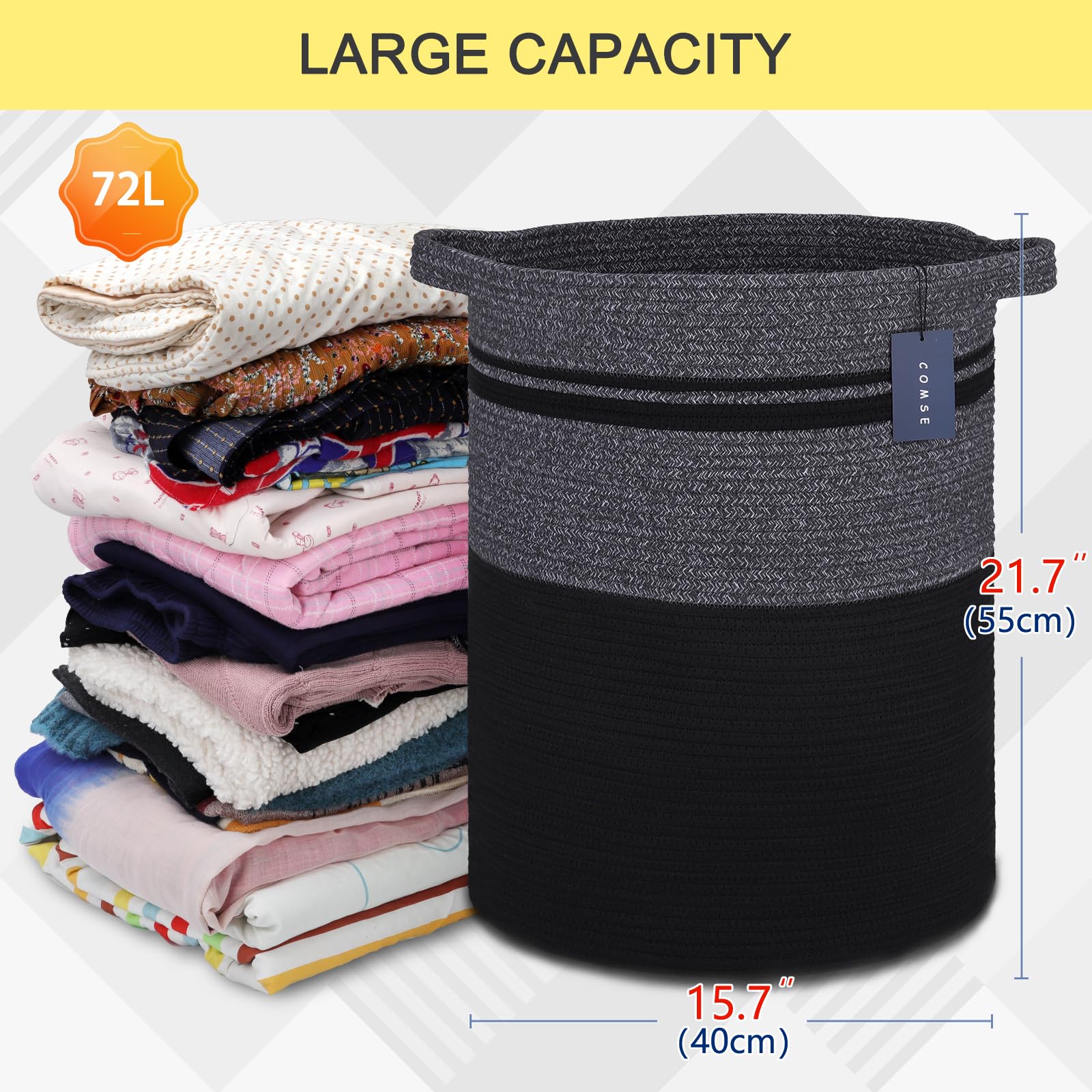 COMSE Extra Large Woven Cotton Rope Laundry Basket - 15.7”x21.7” Tall Blanket Storage Hamper for Nursery, Toys, Clothes & Towels | Perfect for Bedroom Organization, Baby Room Decor & Laundry Room Storage (Black)