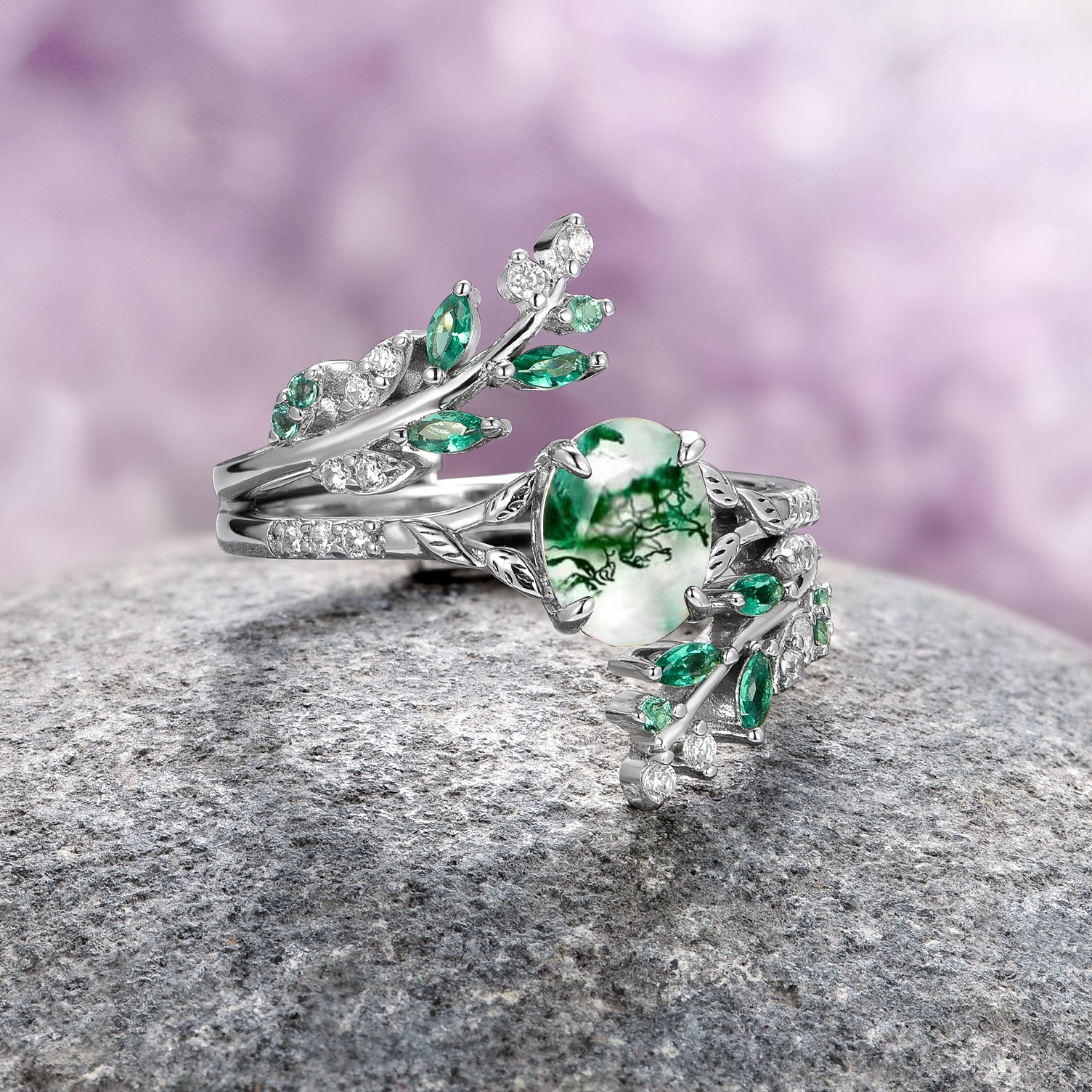 Moss Agate & Emerald Fairy Leaf Couples Ring - Handmade Sterling Silver Matching Promise Rings for Women & Men - Perfect for Anniversaries, Engagements & Romantic Gifts