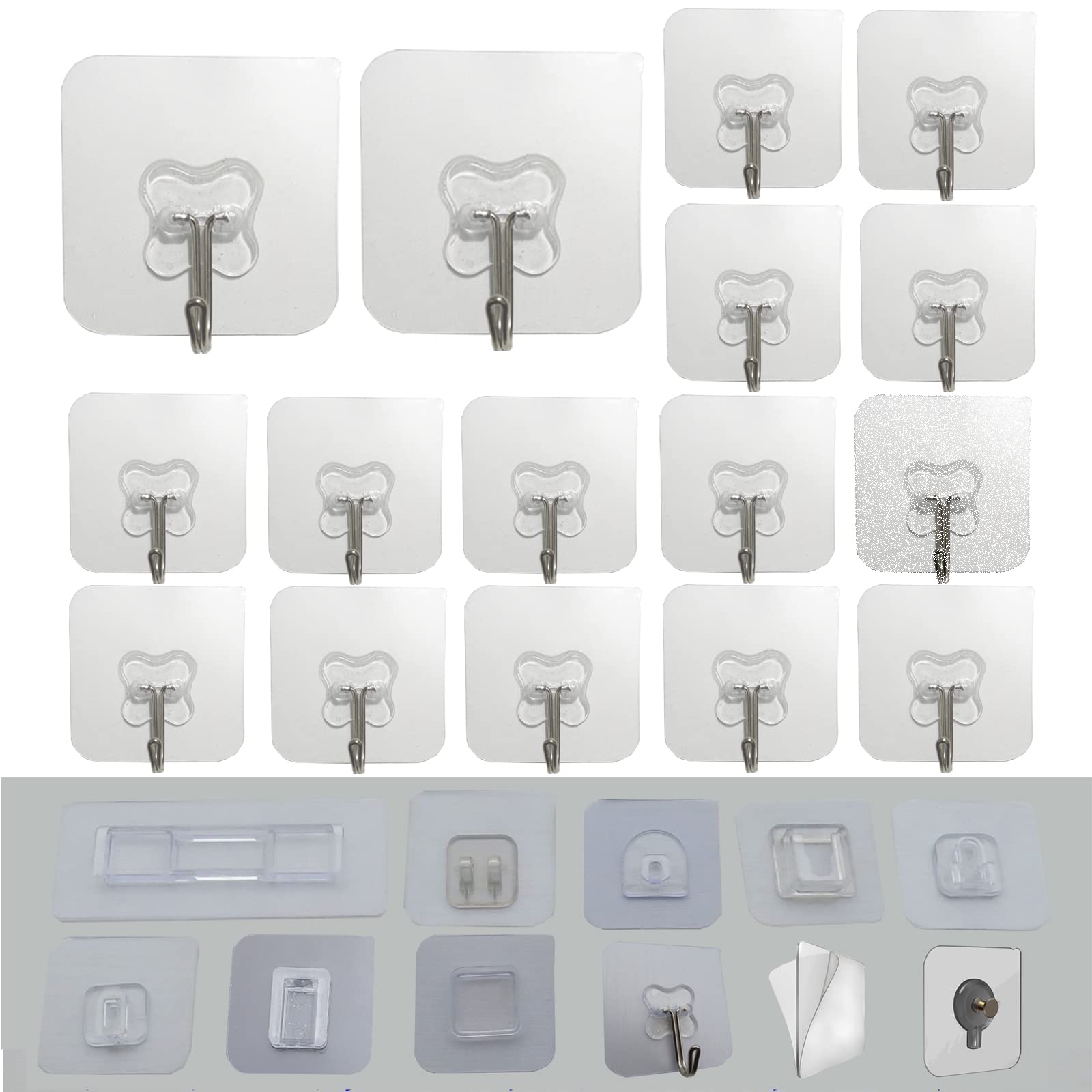 16-Pack CARURLIFF Wall Mount Sticky Pads - No Nail Adhesive Hooks for Kitchen, Bathroom & Shower Organizers (Clover Design) - Perfect for Hanging Towels, Robes & Cleaning Supplies in Small Spaces