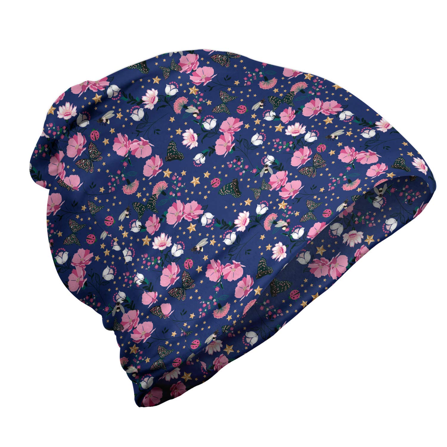 Ambesonne Unisex Beanie - Retro Blooming Flowers Design for Men & Women - Warm Winter Knit Hat for Hiking, Camping & Outdoor Activities