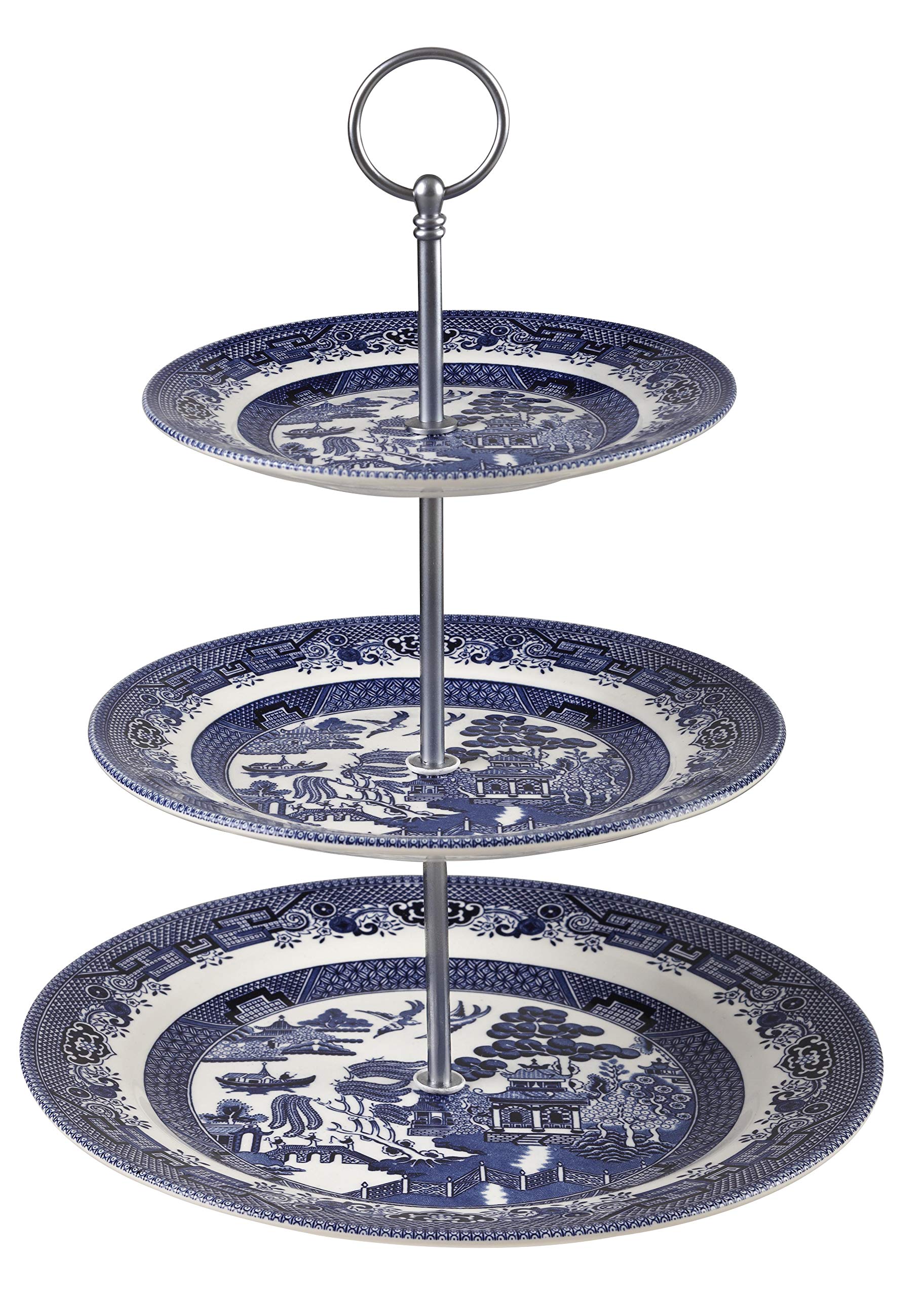 Churchill China Blue Willow 3-Tier Cake Stand 10.2 Inch | Vintage Porcelain Dessert Server for Weddings, Afternoon Tea & Special Occasions