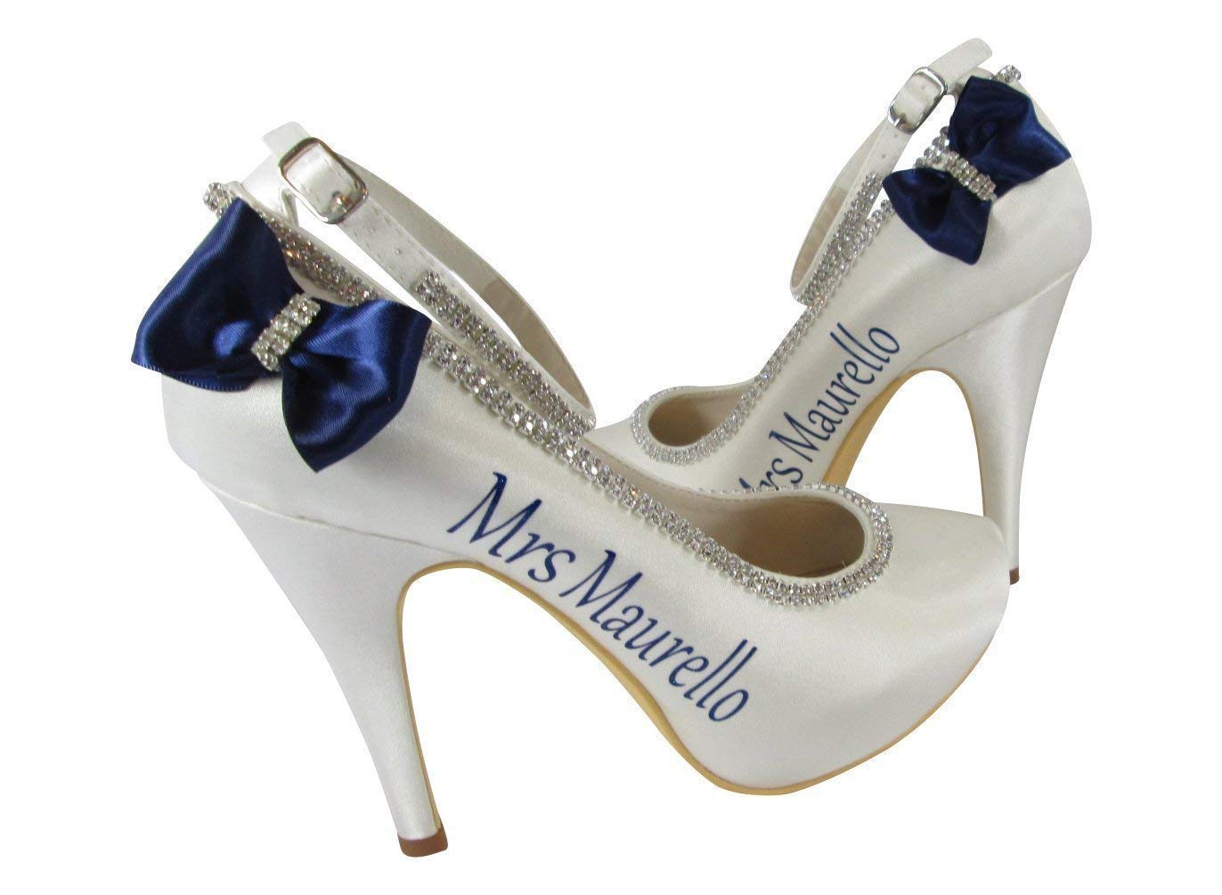 Elegant Navy Satin Wedding Heels with Rhinestone Bow & Custom Name - Perfect for Bridal Party, Prom, Evening Gala & Formal Occasions