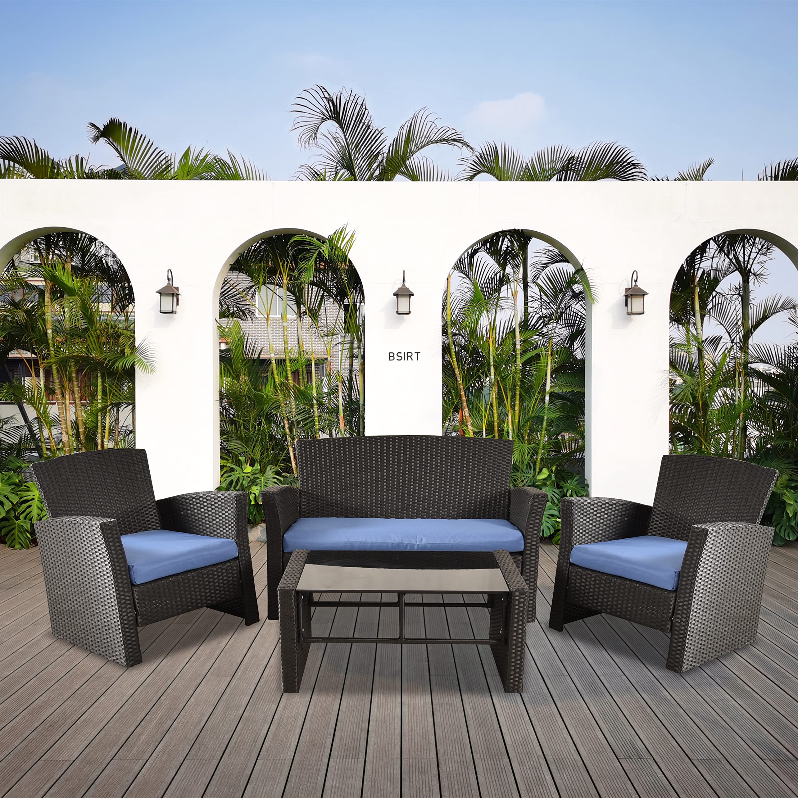 Tappio 4-Piece Outdoor Patio Furniture Set - Wicker Rattan Modular Conversation Sofa with Cushions & Coffee Table - Blue Garden, Poolside & Porch Seating for Relaxing & Entertaining