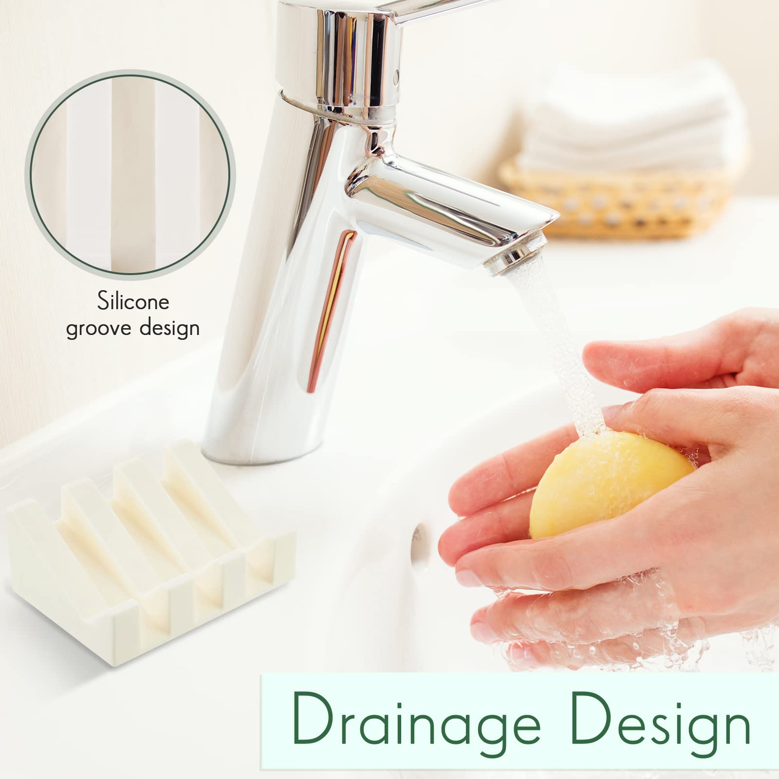 2-Pack Self-Draining Silicone Soap Dish Holder - Waterfall Design Soap Tray with Drain Holes for Shower, Kitchen & Bathroom - Keeps Soap Dry & Clean (Black & Cream White) - Perfect for Bathroom Countertops, Kitchen Sinks & Shower Shelves