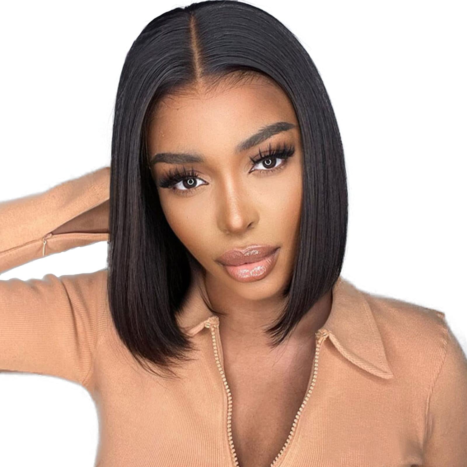 Natural Black 4x1 Lace Front Silky Straight Human Hair Bob Wig for Women - 8 Inch Brazilian Virgin Hair Short Bob Wig with Baby Hair, Middle Part, Pre-Plucked 150% Density - Perfect for Daily Wear, Cosplay, and Special Occasions