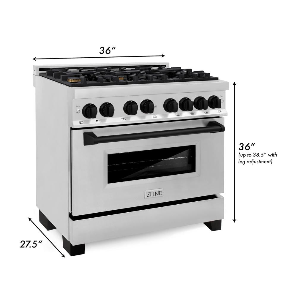 ZLINE Autograph Edition 36-inch Stainless Steel Dual Fuel Range & Range Hood Kitchen Package with Matte Black Accents - Professional Gas Stove & Powerful Ventilation for Home Chefs | Perfect for Modern Kitchens, Cooking Enthusiasts & Entertaining Guests
