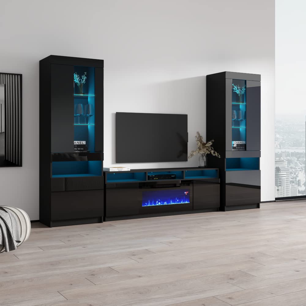 Reno 05 Electric Fireplace TV Stand with LED Lights - Modern Entertainment Center Console for Living Room & Bedroom - Komi Bookcase Included - Black - Perfect for Cozy Movie Nights & Stylish Home Decor