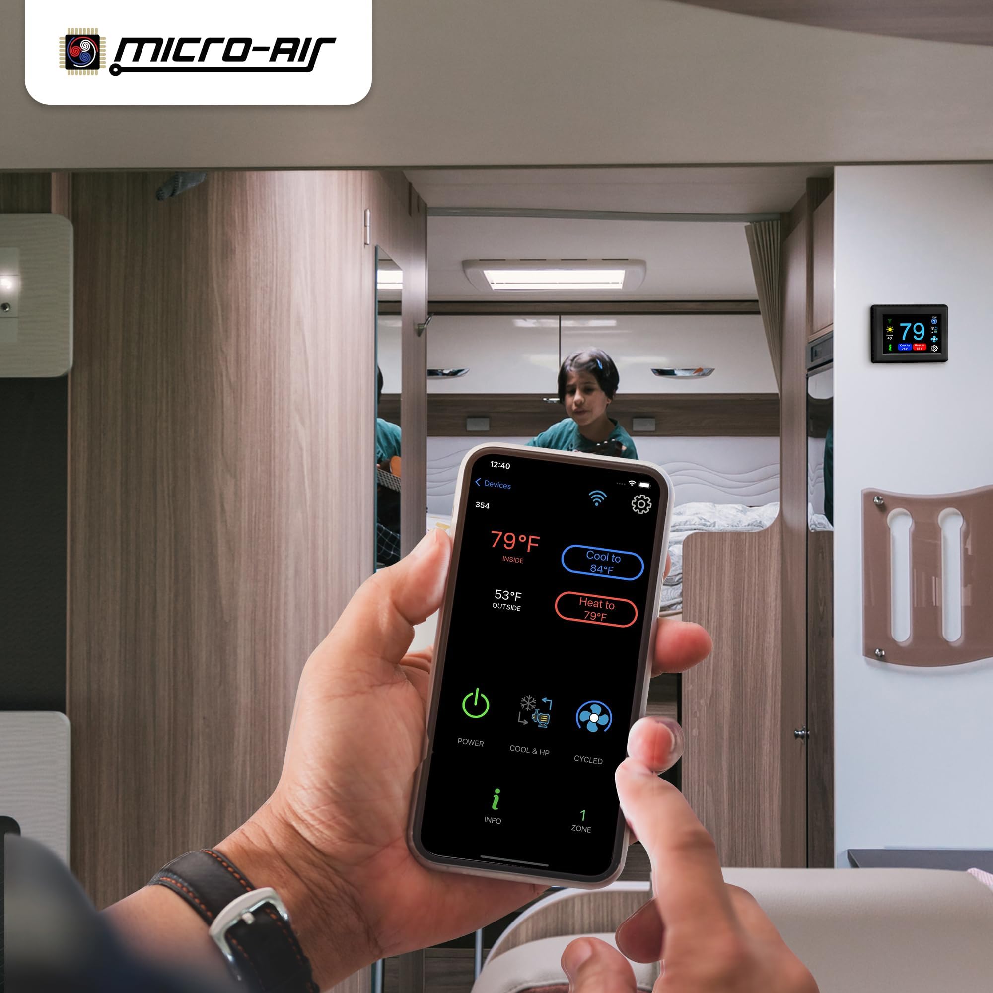 MICRO-AIR EasyTouch RV Touch Screen Thermostat with WiFi & Bluetooth - Smart Programmable Thermostat for RV Air Conditioner & Heating System - Compatible with Coleman HVAC (355C Black) - Perfect for Camping, Road Trips & RV Living