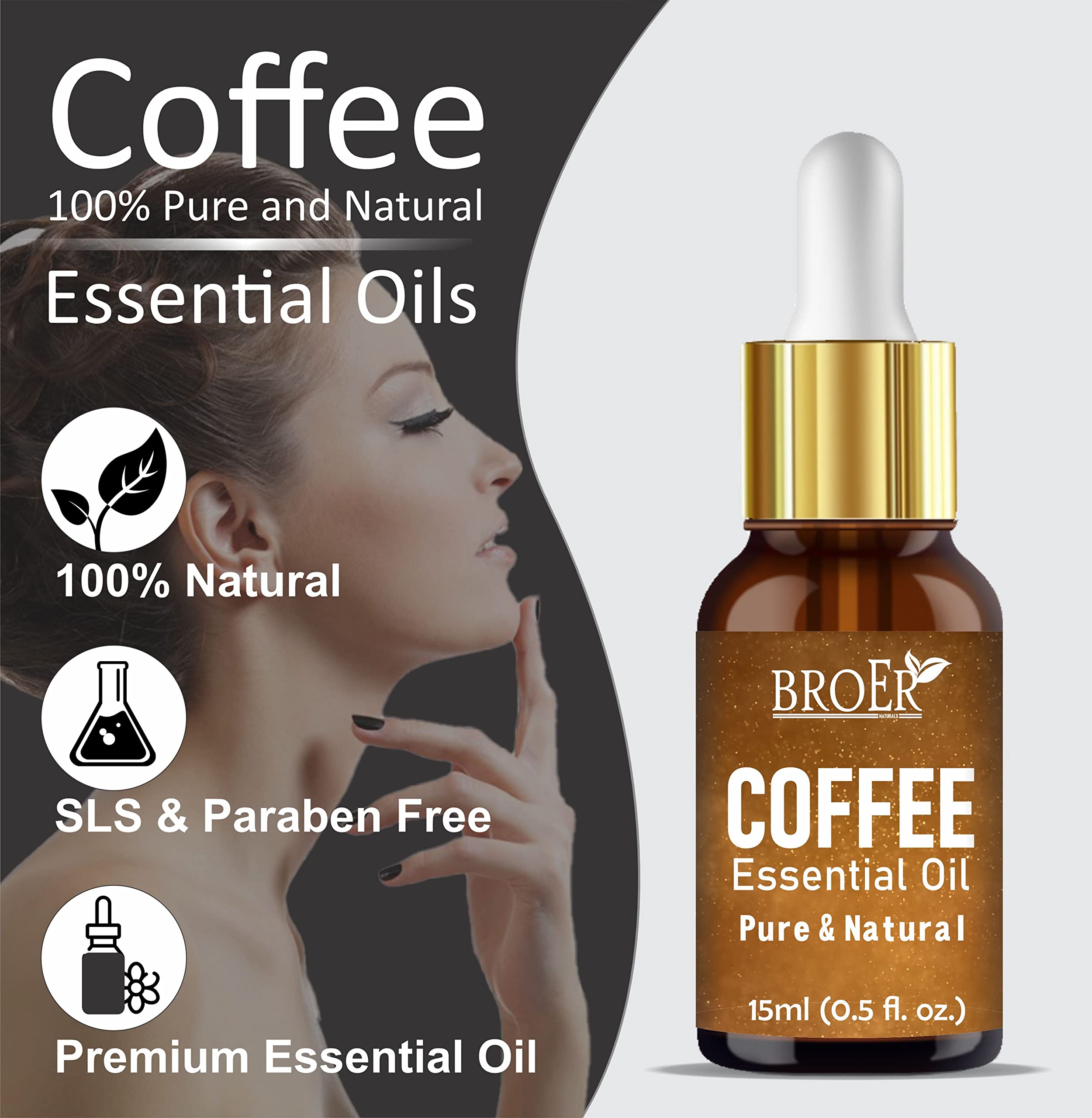 BROER Naturals 100% Pure Coffee Essential Oil - Therapeutic Grade for Hair Growth, Skin Care & Aromatherapy - Undiluted Natural Oil (15ml) - Perfect for Massage, Diffuser & DIY Beauty Products