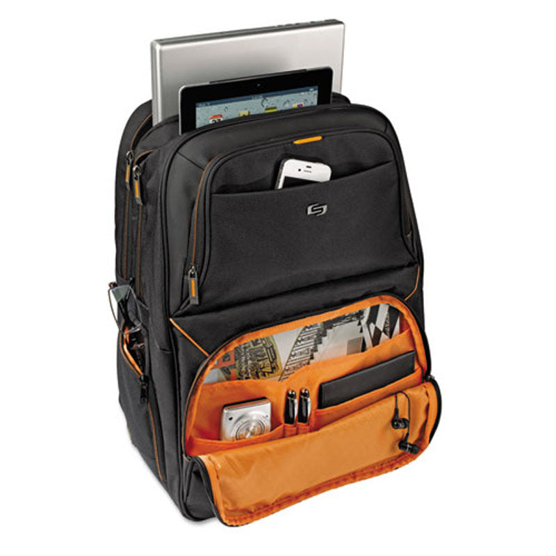 Stylish Urban Backpack for Laptops Up to 17.4 Inches - Durable Polyester with Black & Orange Accents - Perfect for Work, School & Travel