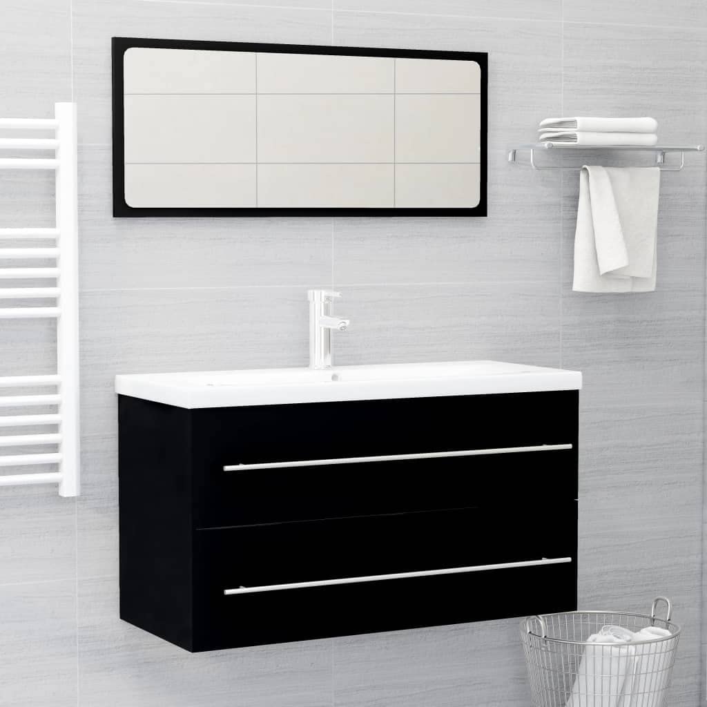 Modern Bathroom Vanity Sink Combo Set with Mirror & Storage Cabinet - 2-Piece Black Chipboard Bathroom Furniture for Small Space Decor | Perfect for Apartments, Guest Bathrooms & Powder Rooms