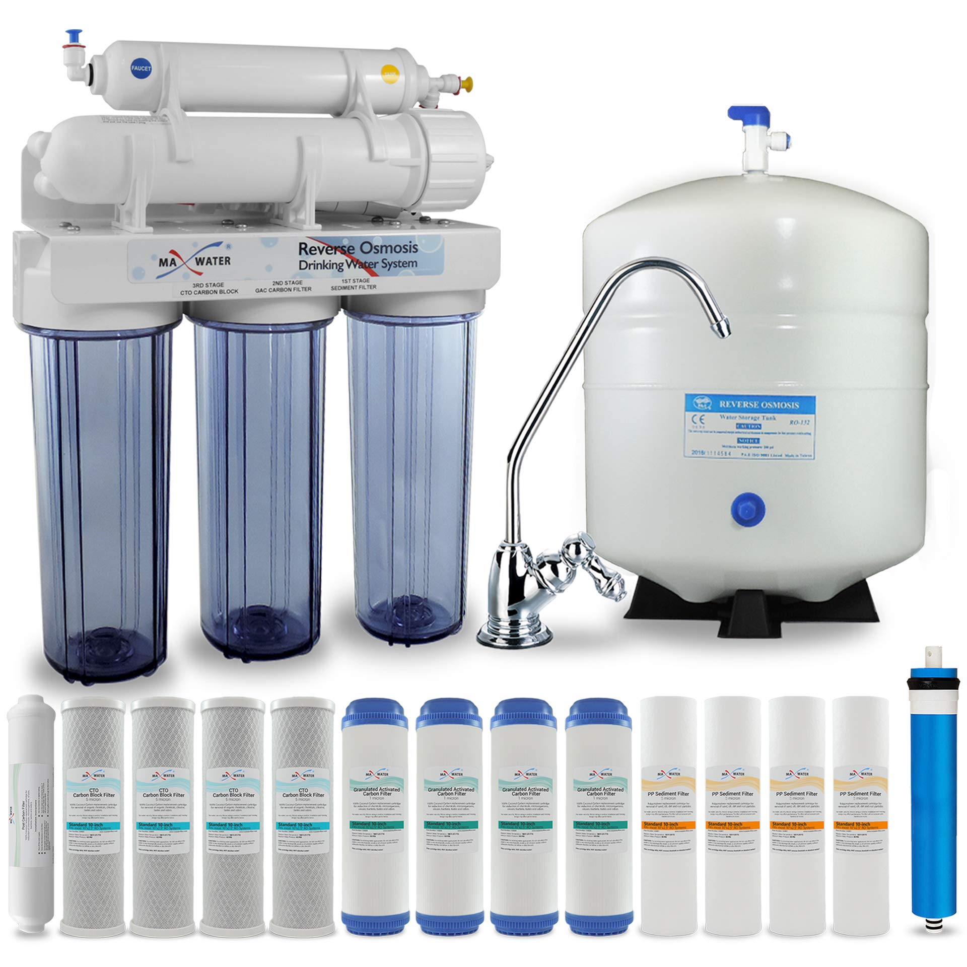 Max Water 5 Stage 75 GPD Reverse Osmosis Water Filtration System - Under Sink RO Water Purifier with Storage Tank, Chrome Faucet & 10 Replacement Filters | Clean Drinking Water for Home, Kitchen & Office