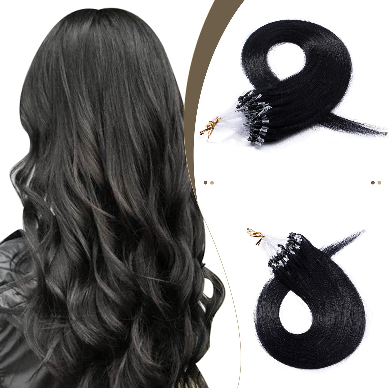 SEGO 16 Inch Jet Black Micro Beads Hair Extensions - 100% Human Hair, 50g 100 Strands, Natural Straight Micro Loop & Ring Extensions for Cold Fusion - Perfect for Daily Styling, Parties & Special Occasions